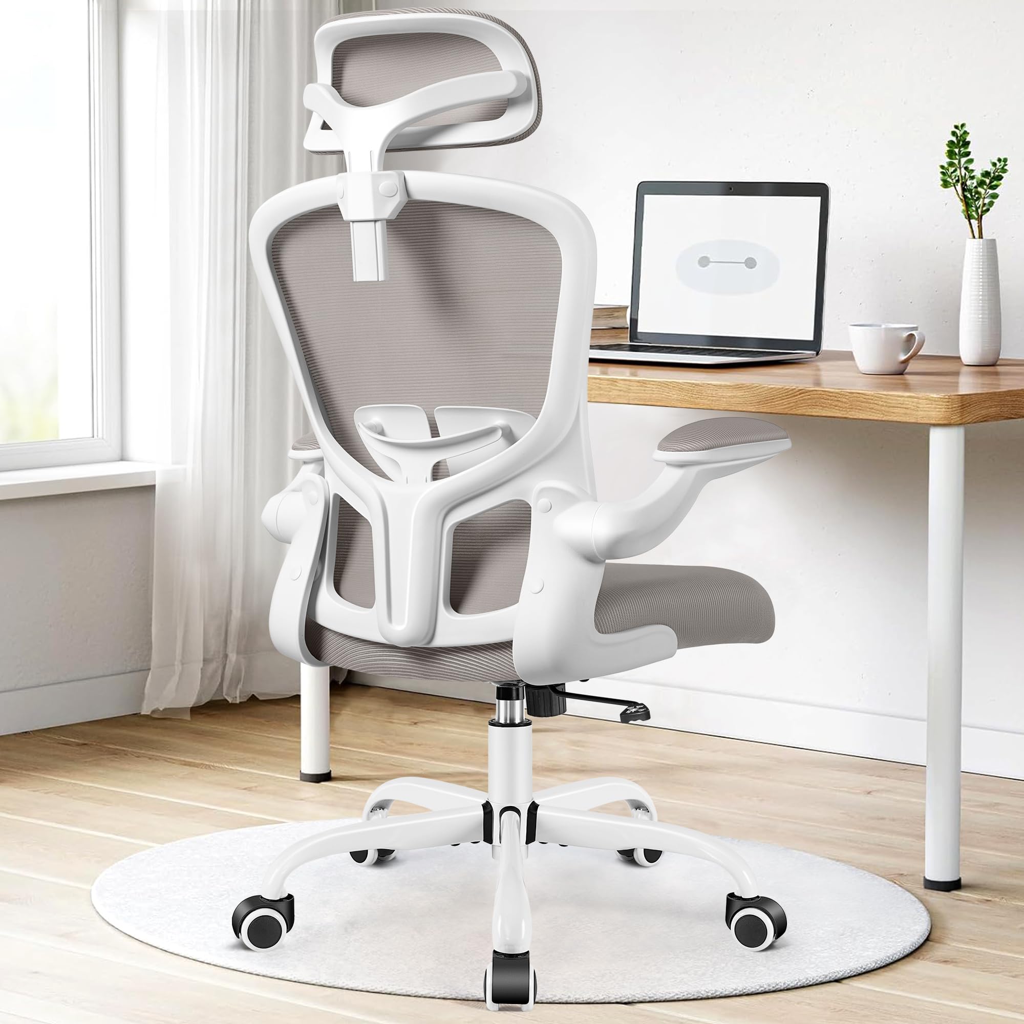 FelixKing Silla de oficina ergonómica, silla giratoria, reposacabezas 3D y reposabrazos plegables, soporte lumbar ajustable, silla de ordenador, respaldo de malla transpirable, 300 lb(gris)