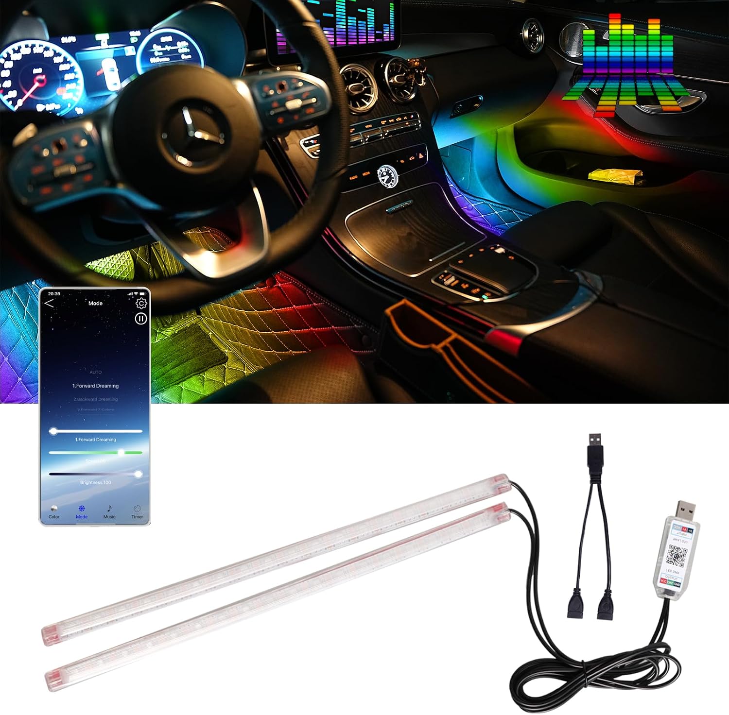 Smart USB Interior Car LED Strip Light with App Control, RGB Neon Atmosphere Lights, USB 5V Ambient Night Light Decorative Lamp, Multi Color Strip Light for Cars with Music and DIY Mode (RGB 36LEDs)