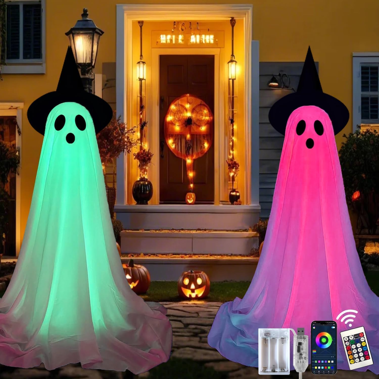 2 Pack Halloween Decorations Indoor Porch, Spooky Ghost with Remote Control Colorful String Lights, Halloween Decor Ghost Lights for Home Outdoor Porch Garden Yard Lawn Party