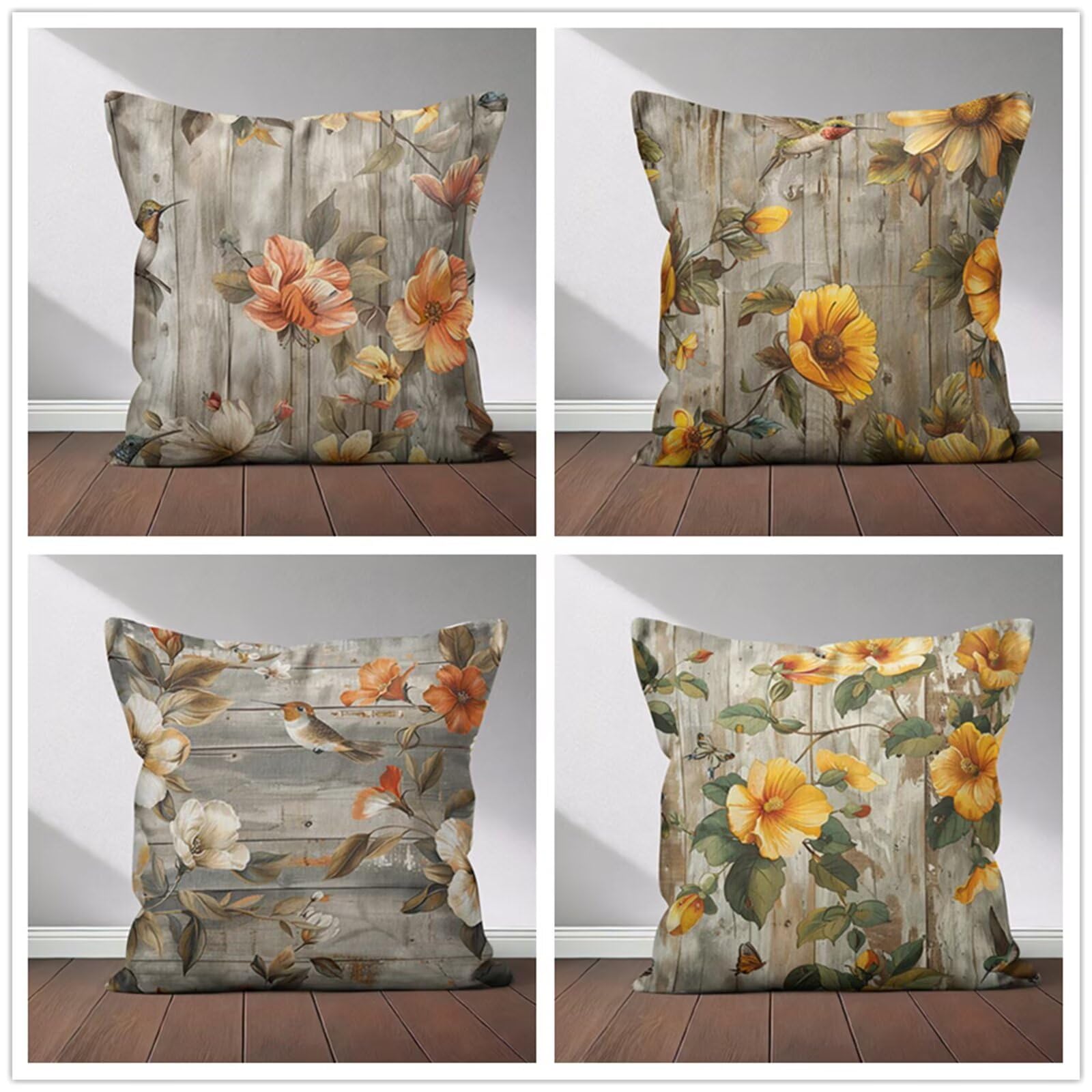 Heaen Outdoor Cushions Covers Waterproof 35x35 cm Set of 4 Square Linen Pillow Cases Vintage Flowers Birds Decorative Dushions for Sofa Porch Patio Home Decor