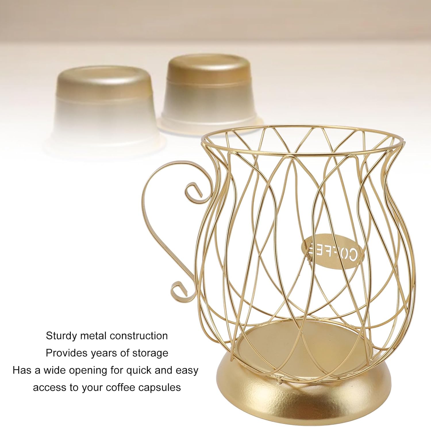 Coffee Pod Basket Large Capacity Modern Iron Wire Coffee Capsule Holder for Kitchen Countertop Electroplated Golden