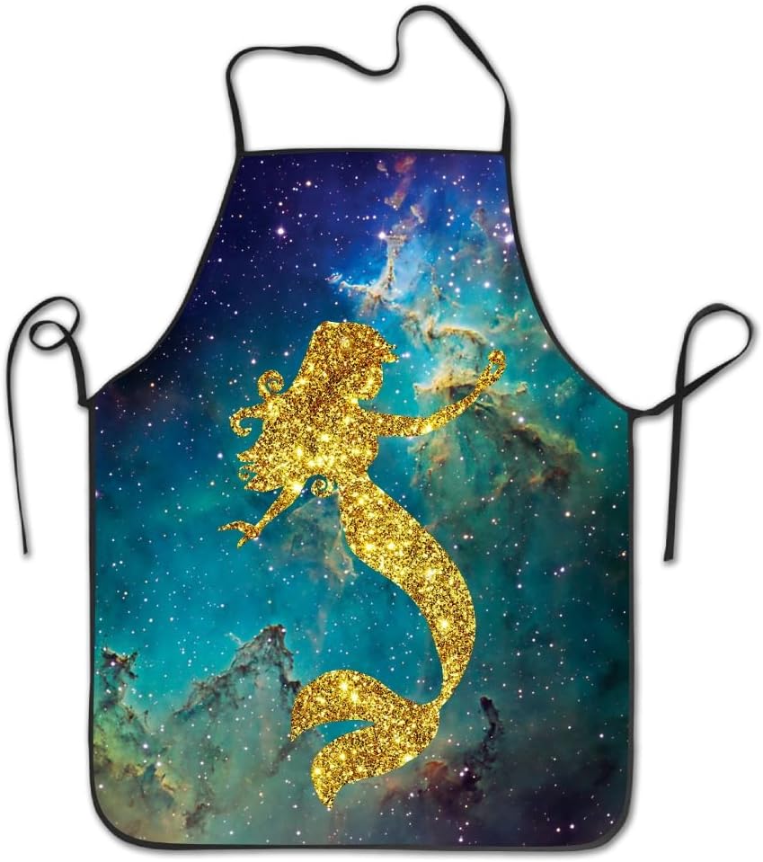 Gold Mermaid Bib Apron Adult Women Unisex Durable Comfortable Washable for Cooking Baking Kitchen Restaurant