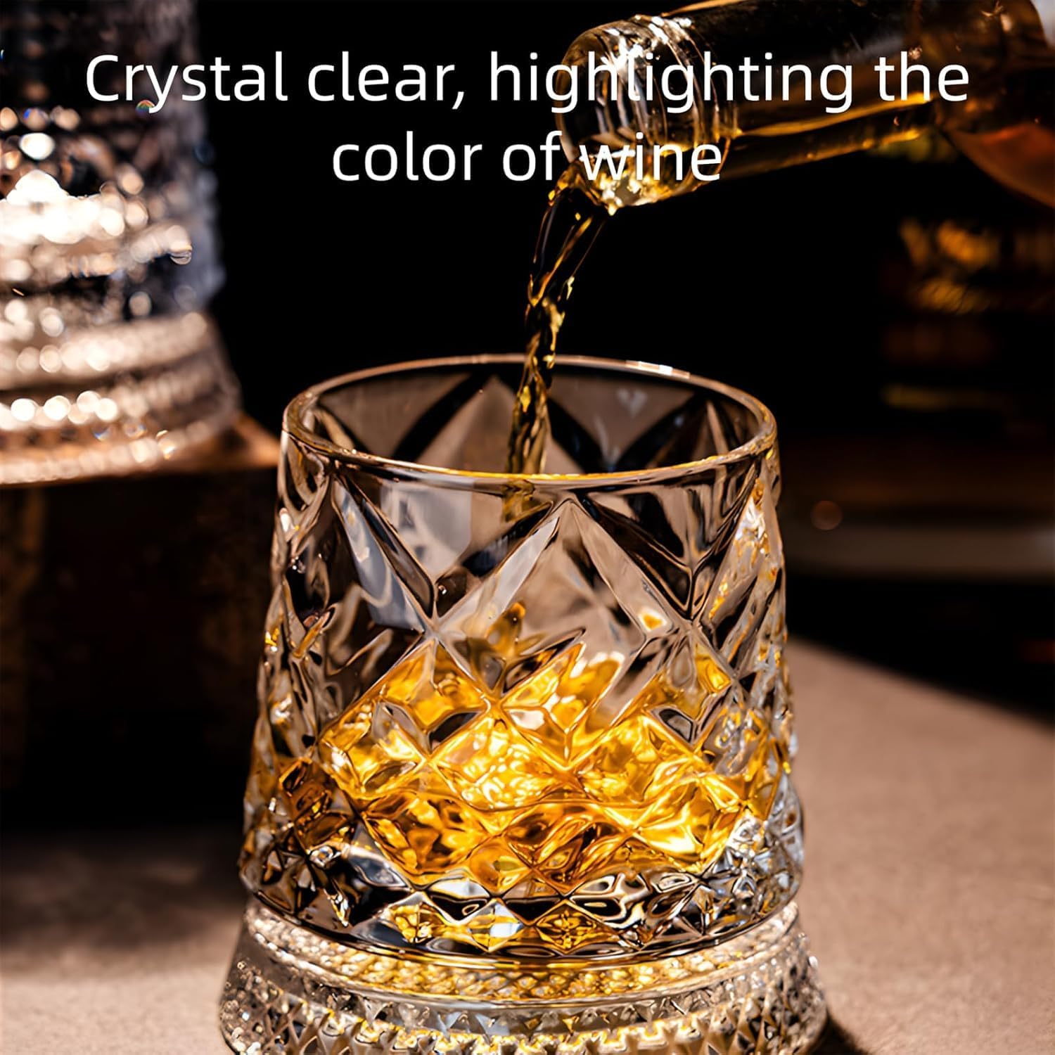 Rotating Whiskey Glass 360 Degree, Crystal Spinning Tumbler with Stable Swivel Base, Clear Rotatable Wine Cup for Home Bar, Tastings Use (2 Pcs,Ice Flower Style)