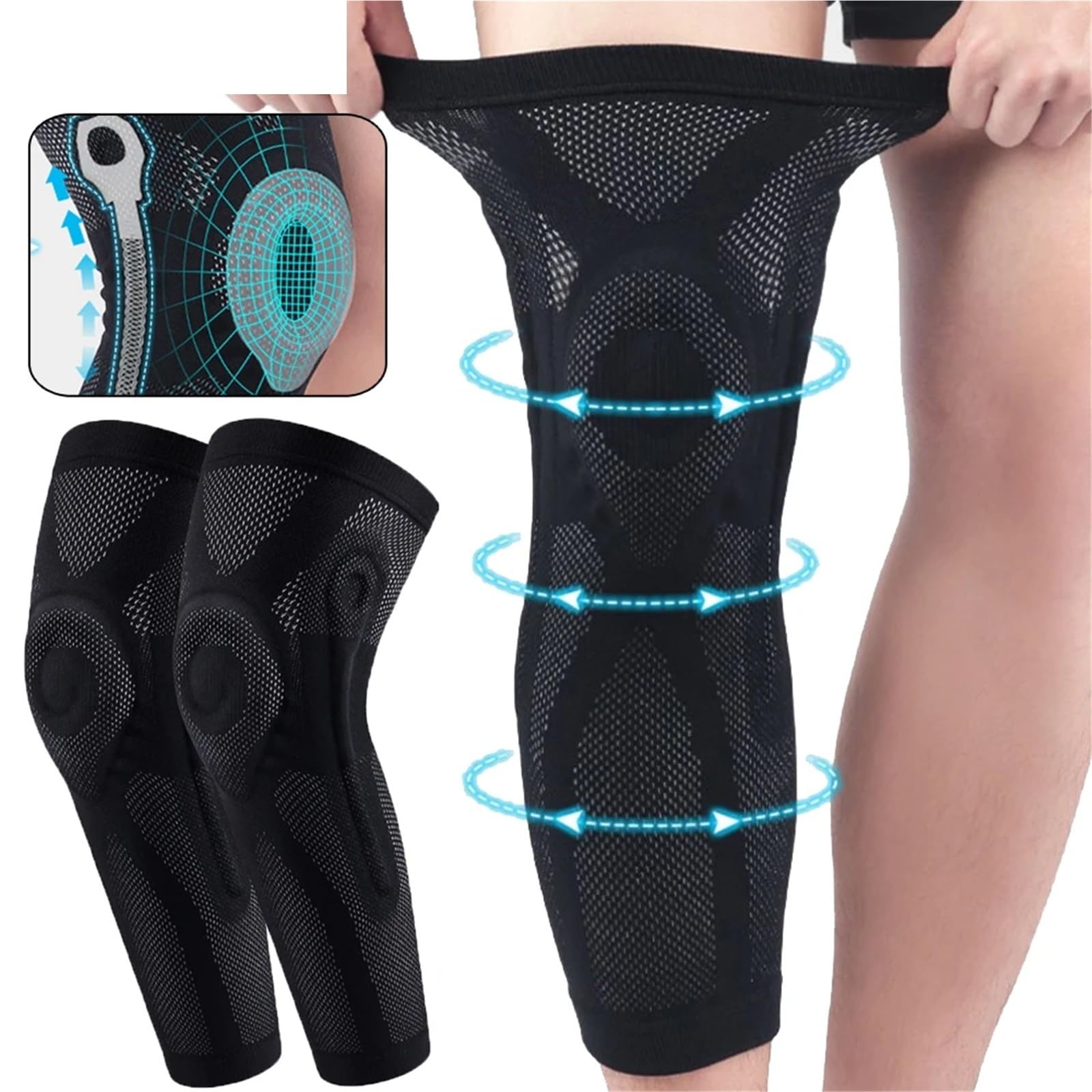 Rutschfeste Sport-Knieschoner, Stütz- und Wärmebandagen, Kompressionsstrümpfe (1 Stück/2 Stück), Ganzbein-Kompressionsstrümpfe mit seitlichen Gel-Stabilisatoren für die Kniescheibe, für Damen und