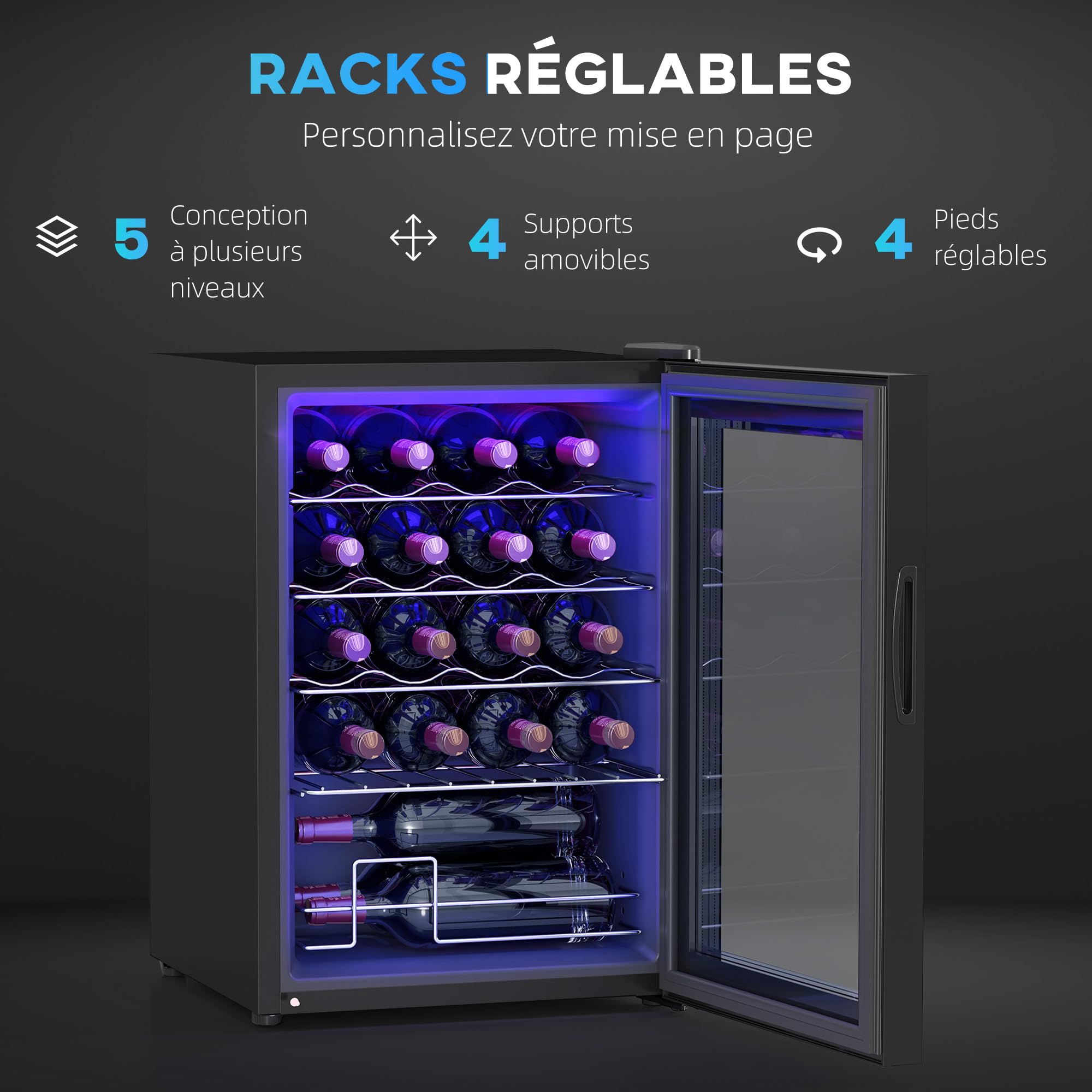 HOMCOM Cave à Vin 20 Bouteilles 53L, Réfrigérateur à Vin Silencieux Porte Verre LED Écran Tactile Numérique Contrôle Température 5-18°C Protection UV Noir