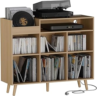 Cozy Castle Large Record Player Stand with Vinyl Storage Cabinet, Wood Turntable Table Open Shelf Holder Up to 500 Albums Cube Storage Organizer for Living Room, Office, Oak