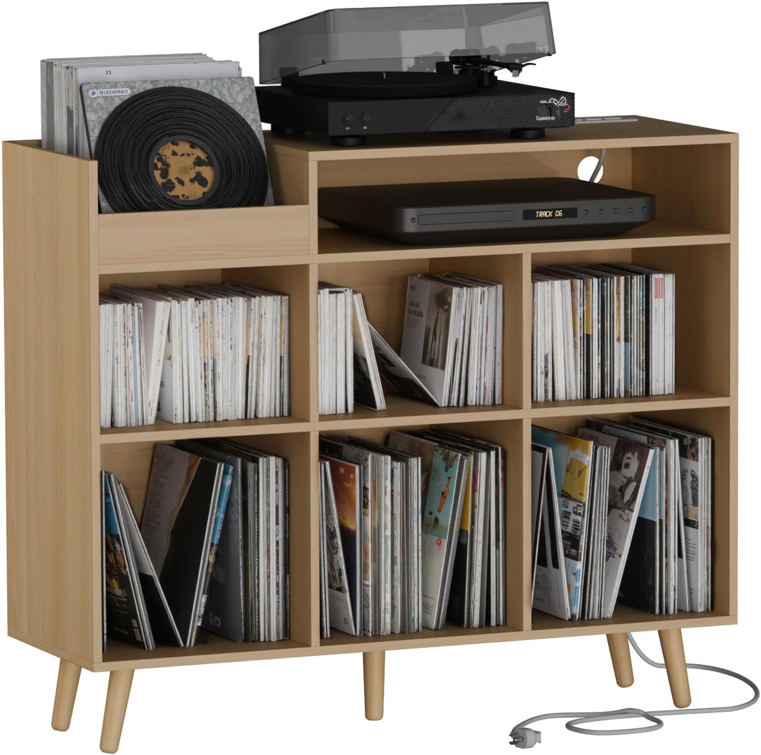Cozy Castle Large Record Player Stand with Vinyl Storage Cabinet, Wood Turntable Table Open Shelf Holder Up to 500 Albums Cube Storage Organizer for Living Room, Office, Oak