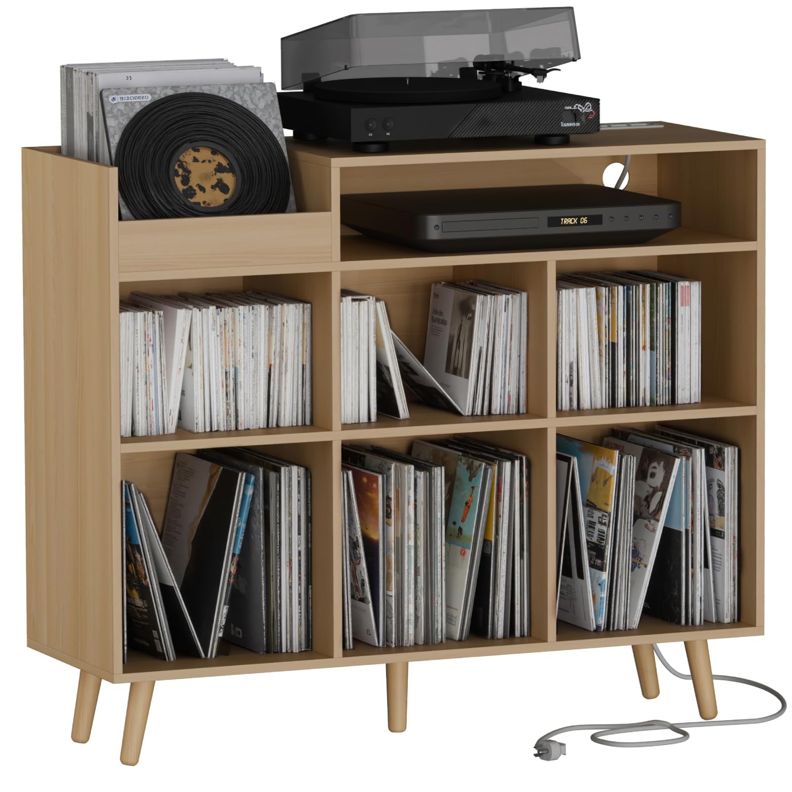 Cozy Castle Large Record Player Stand with Vinyl Storage Cabinet, Wood Turntable Table Open Shelf Holder Up to 500 Albums Cube Storage Organizer for Living Room, Office, Oak