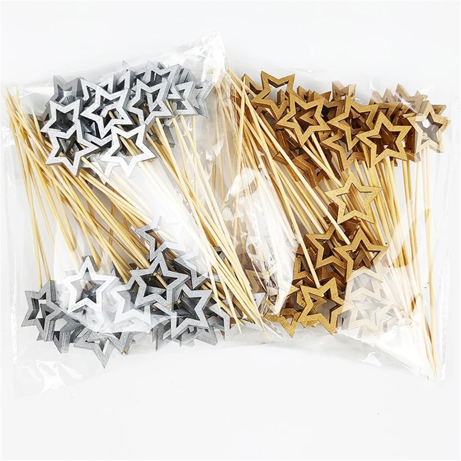 Fruit Skewers 100Pcs Star Disposable Bamboo Skewers Gold Silver Buffet Fruit Food Picks Cocktail Sticks Christmas Decoration Birthday Wedding(Color2)
