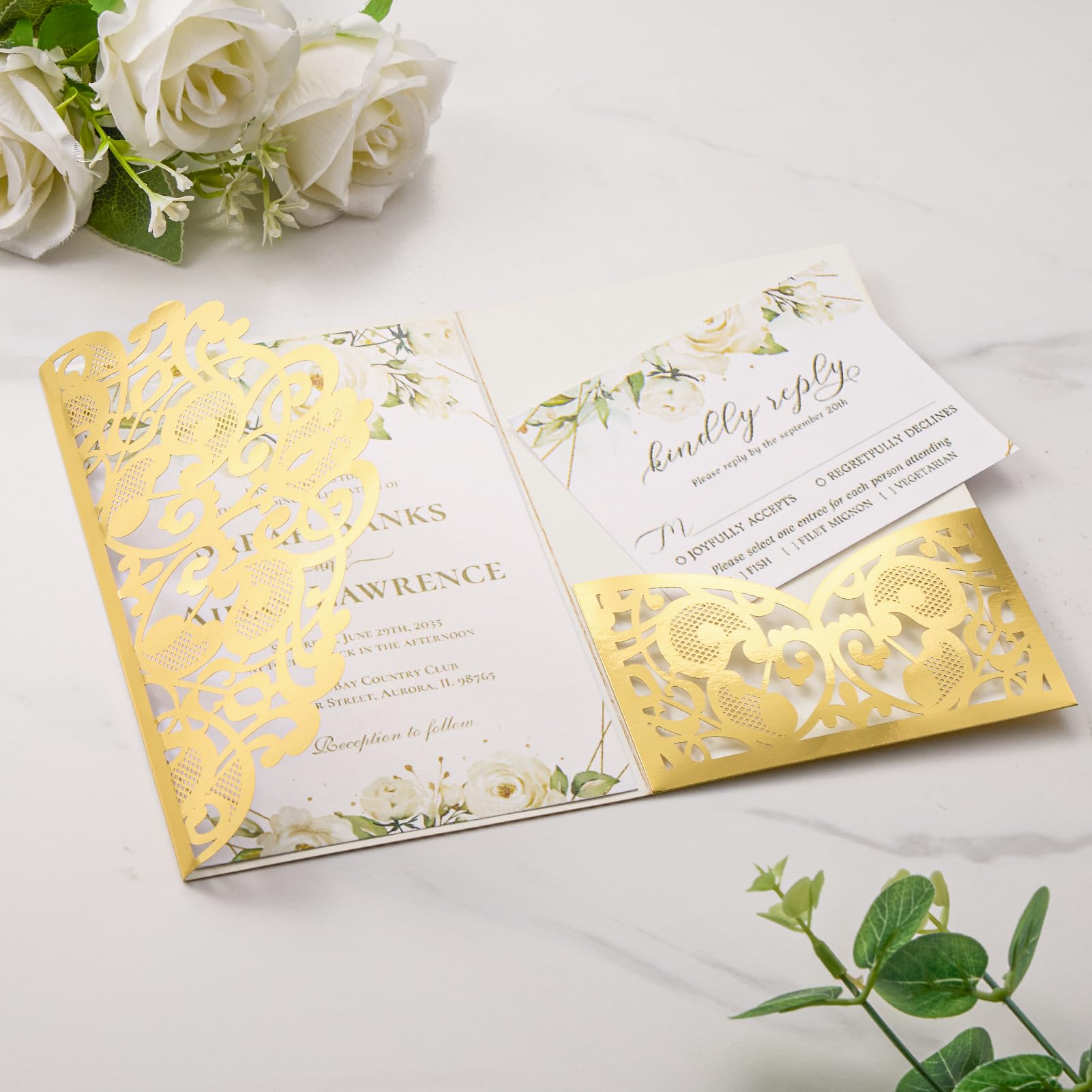 Einladungskarten für Hochzeit, Verlobung, 50. Jahrestag, Geburtstag, Einladungshüllen, goldfarben, für Hochzeit, Verlobung, 50. Hochzeitstag, Party-Einladungen, 50 Sets