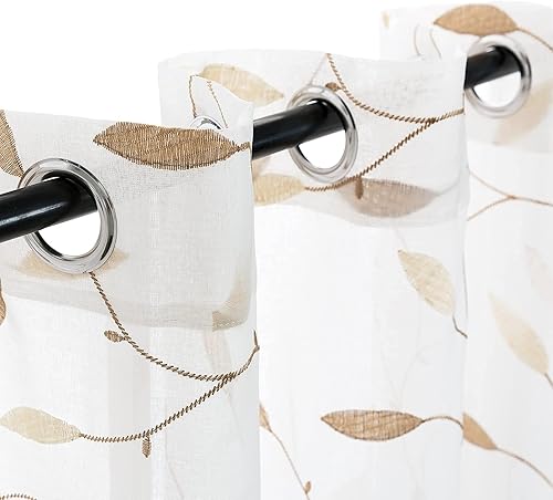 Miniatura 4 de Cortinas transparentes para sala de estar, cortina con ojales, parte superior de hojas bordadas, cortinas semi transparentes, 2 paneles de