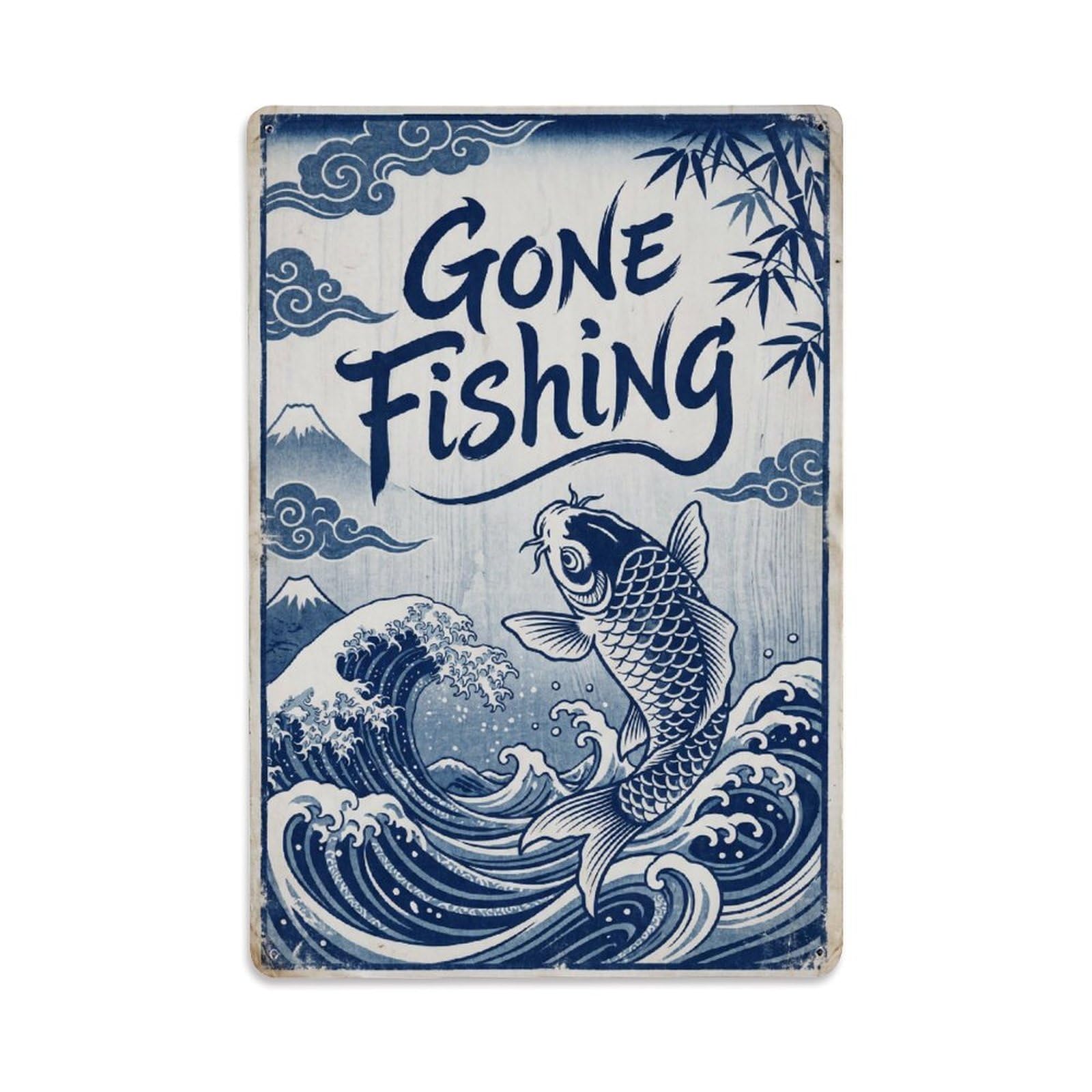 Gone Fishing Fishing Season Vintage Metal Tin Sign Plaque Wall Decor for Cafe, Club, Garden Metal Poster 8x12Inch