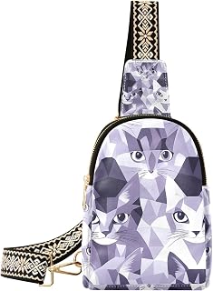 Bolso bandolera antirrobo antirrobo con cara de gato a la moda, color lila y gris plateado, sin costuras, para mujer y senderismo, Imagen sin costuras con cara de gato lila y gris plateado, 1 size