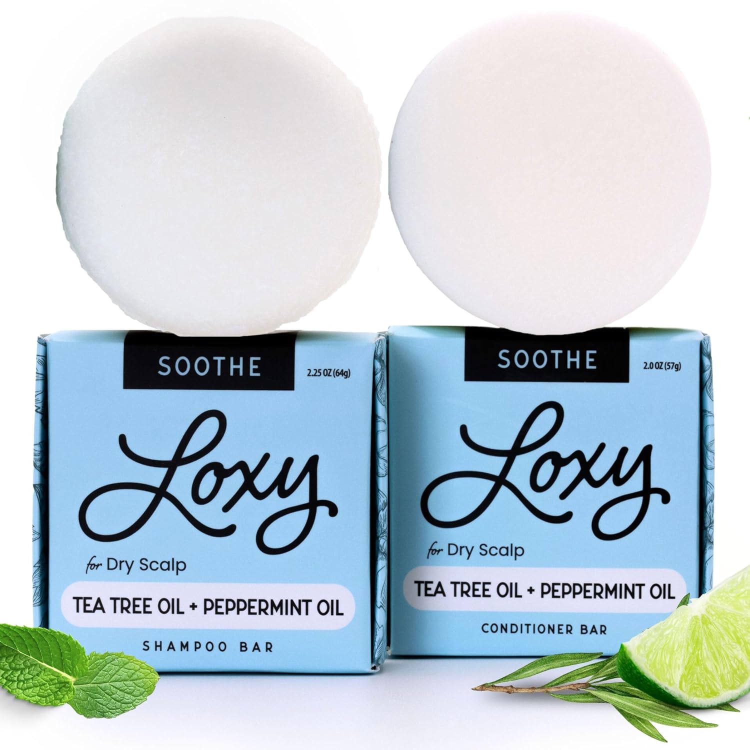 Loxy Soothe Shampoo and Conditioner Bar Soap Set for Dandruff, Dry, & Itchy Scalp | Peppermint, Lime, & Tea Tree Oil | Vegan & Cruelty Free | Zero Waste | Made in USA