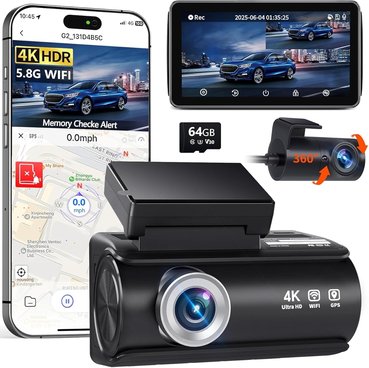 Dash Cam Front and Rear, 4K Full HD Dual Dash Camera for Cars, Built-in Memory Card Monitoring, 64GB Card, 5G WiFi GPS, Car Camera with 3" IPS Screen, 2160P Night Vision, 24H Parking Monitor