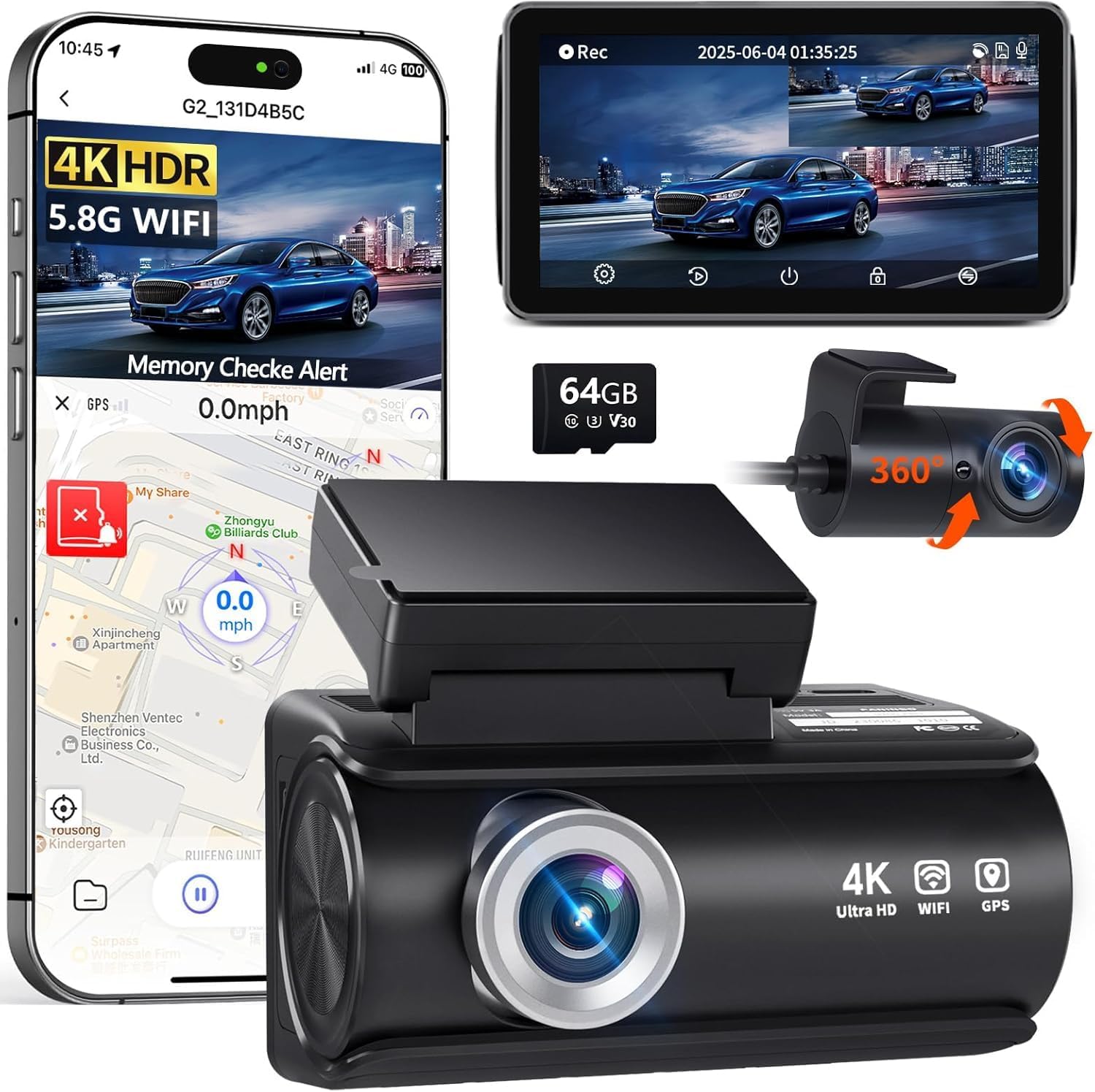 Dash Cam Front and Rear, 4K Full HD Dual Dash Camera for Cars, Built-in Memory Card Monitoring, 64GB Card, 5G WiFi GPS, Car Camera with 3" IPS Screen, 2160P Night Vision, 24H Parking Monitor
