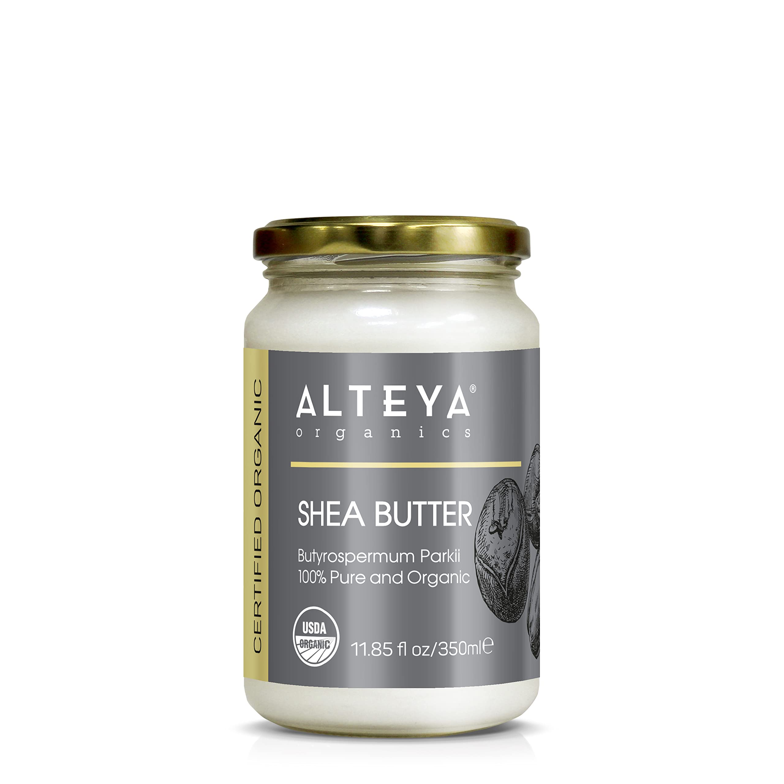 Alteya Organics Pure Shea Butter 11.85fl oz/ 350ml Glass Jar- 100% USDA Certified Pure Shea Butter (Butyrospermum Parkii)