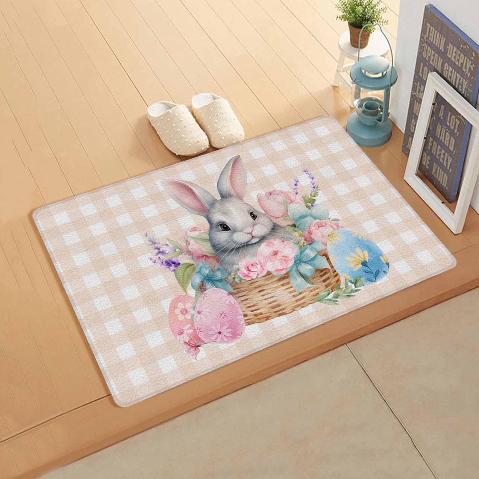 Easter Basket Eggs Kitchen Bath Door Mat Cushioned Runner Rug,Washable Welcome Floor Sink Antifatigue Mat,Waterproof Non-Slip Standing Doormat,Easter Rabbit Tulip Floral Buffalo Lattice 20
