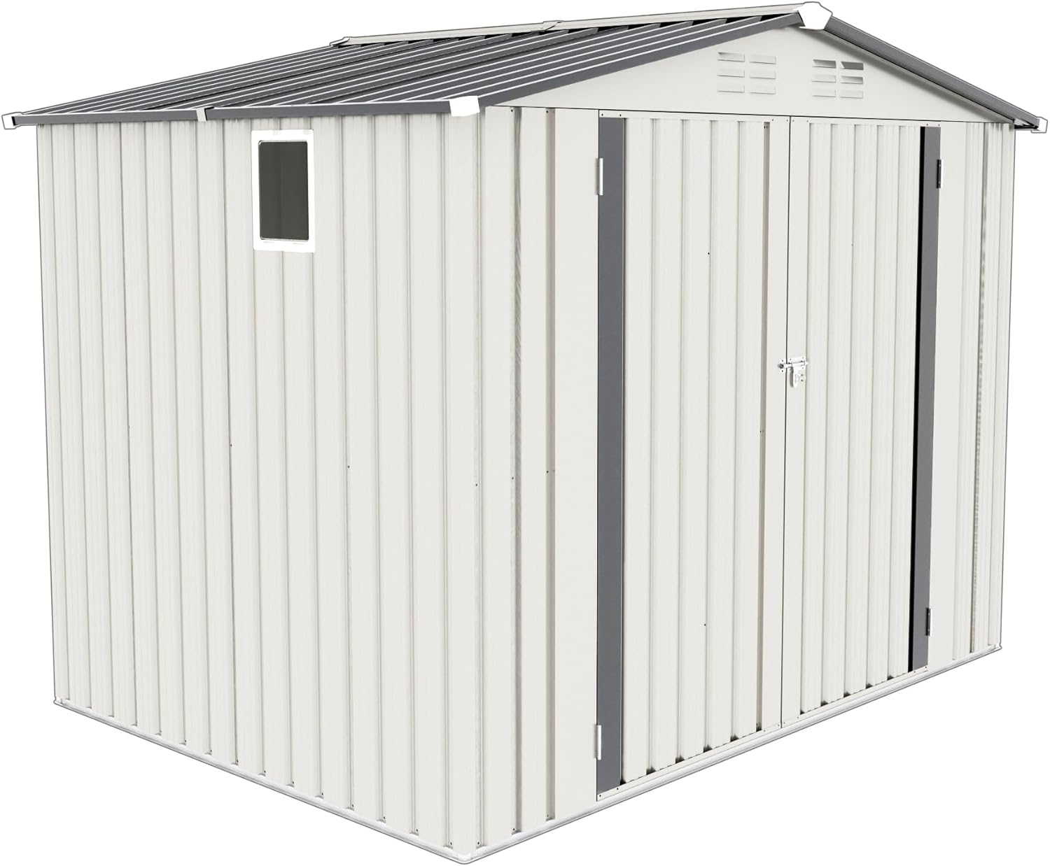 Detailed dimensions of the Vigo huseeo 8x5.7x6FT storage shed, including height, width, and depth measurements.