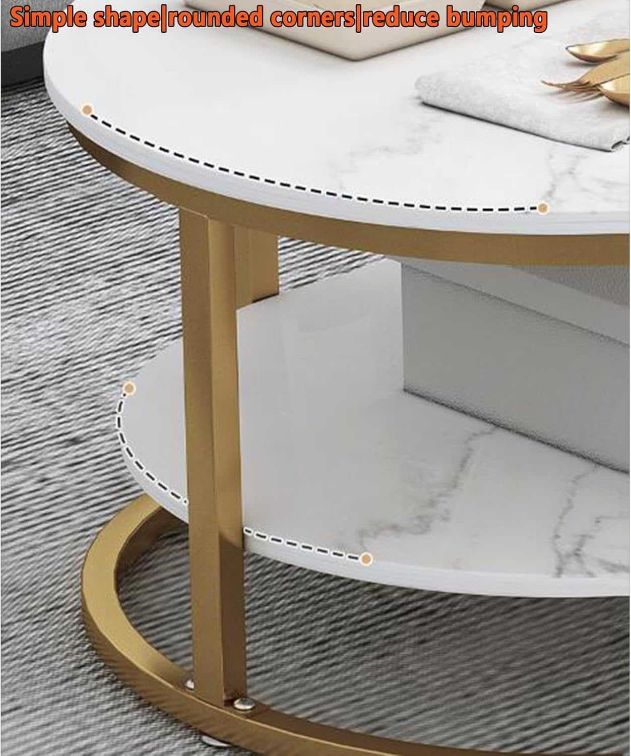 Owalny stolik kawowy Glam, mały stolik kawowy z półką, wszechstronny stolik pomocniczy do salonu, stolik koktajlowy na sofę, białe wykończenie, nowoczesny design