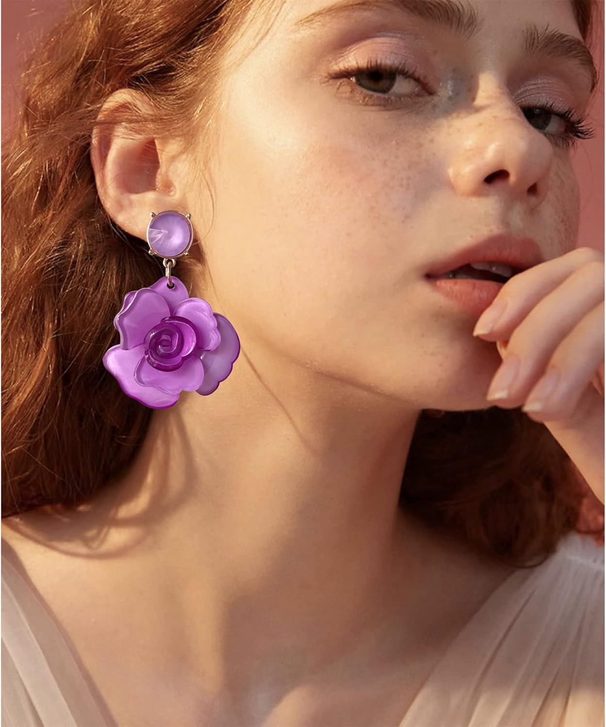 Unique Dainty Bohemian Luxury Oversize Resin Big Flower Dangle Drop Earrings Boho Big Flower Floral Petal Stud Earrings For Women Statement Crystal Jewelry Gifts - Image 5