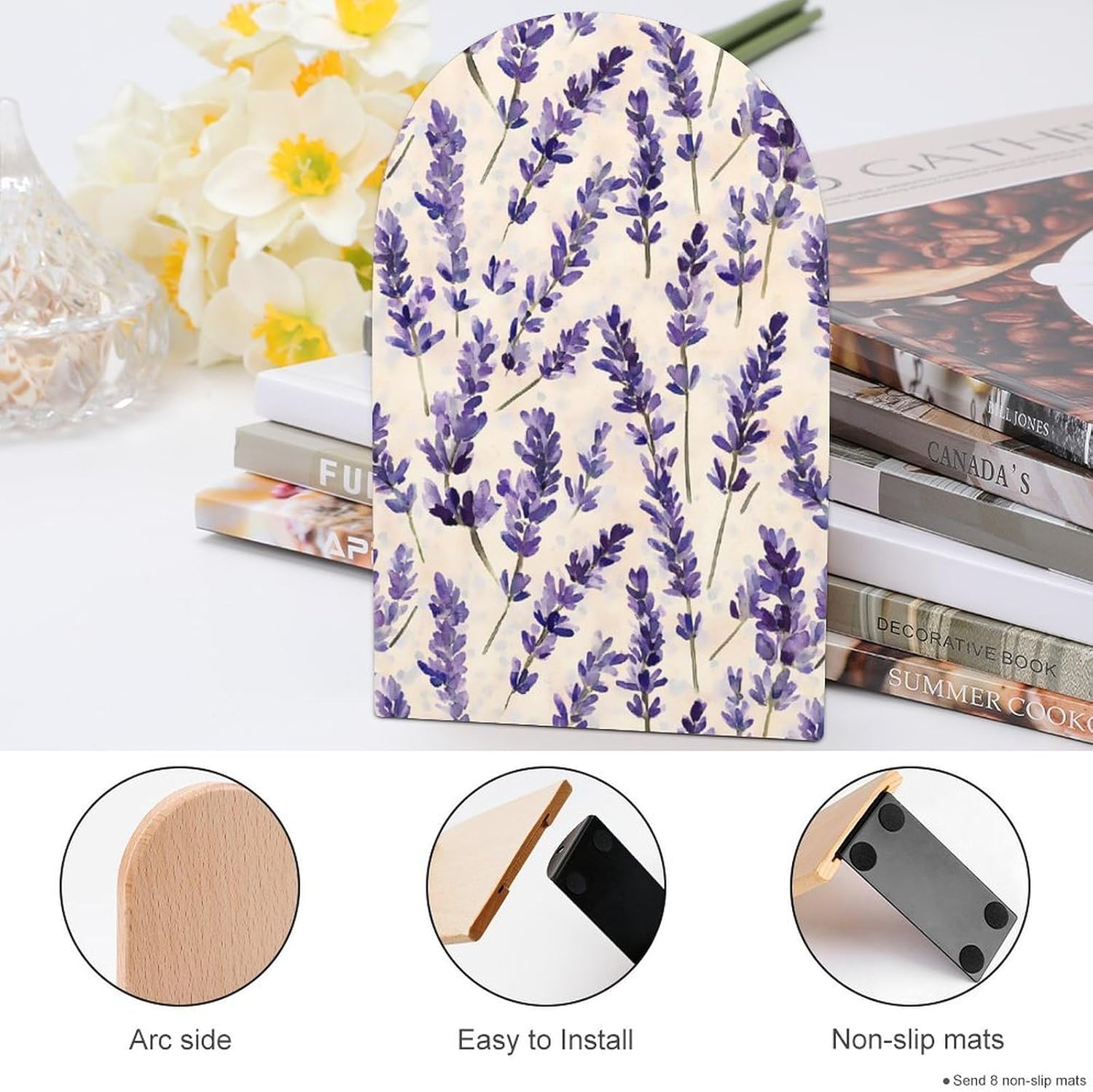 Lavender Flowers Cute Wood Book Ends Decorative Bookends 1 Pair Non-Skid for Shelves Home Office 7 X 5 Inch