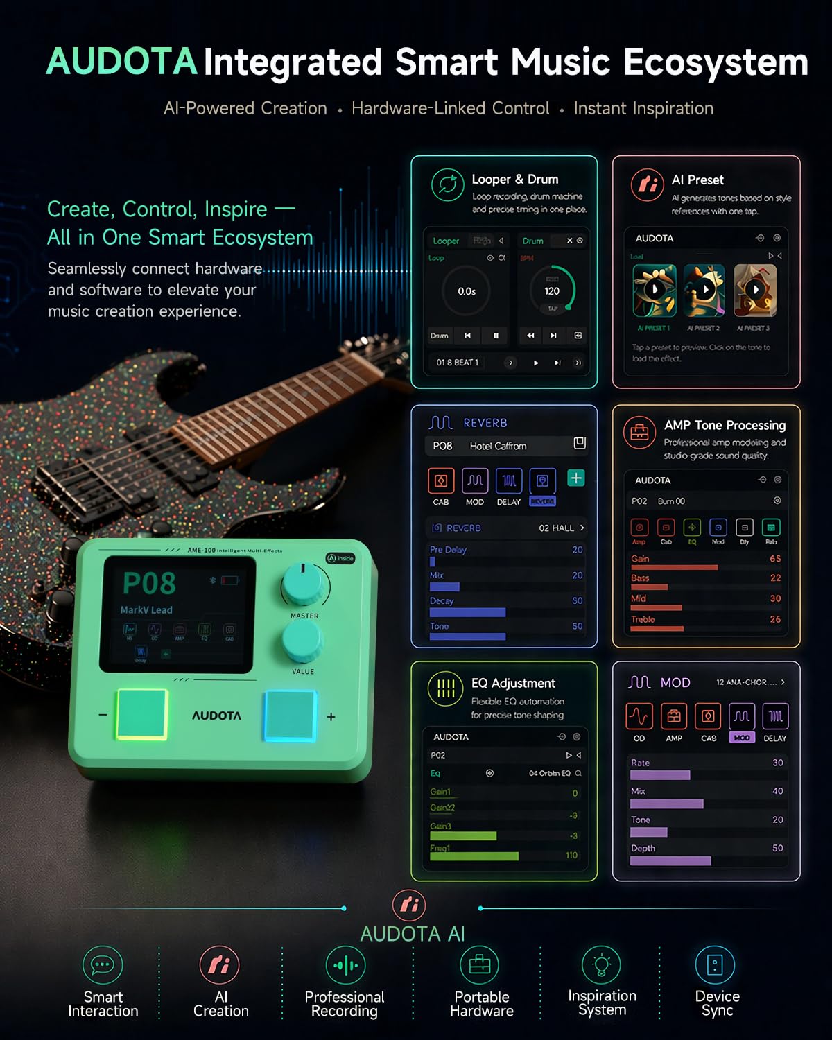 AME‑100 Multi‑FX Prozessor für E-Gitarre – mit KI, 147 Effekte, 55 Amp Models, IR Support