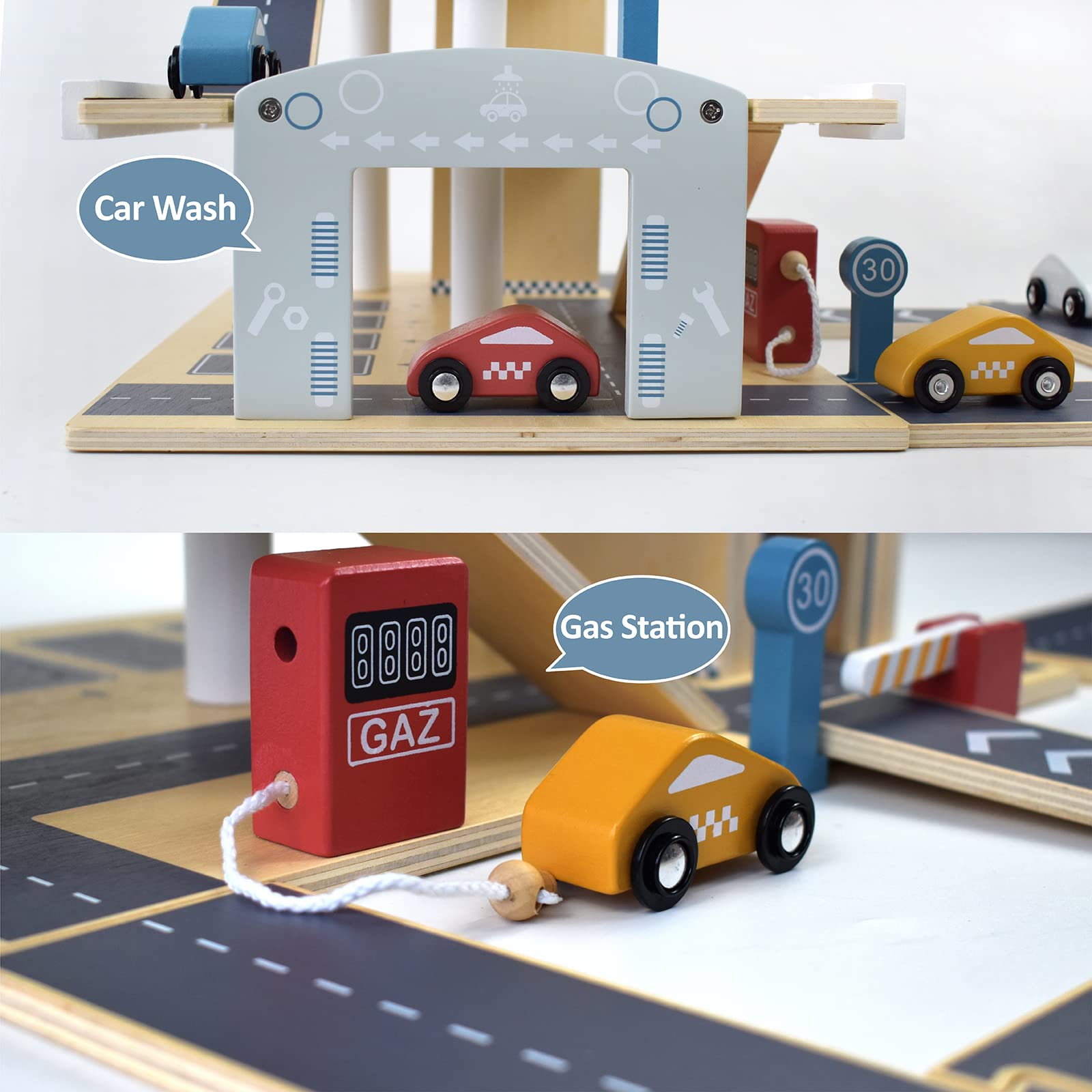Little Log Aparcamiento de madera para coche, garaje con accesorios, garaje para juegos con ascensor, helicóptero (70 x 50 x 36,5 cm)…