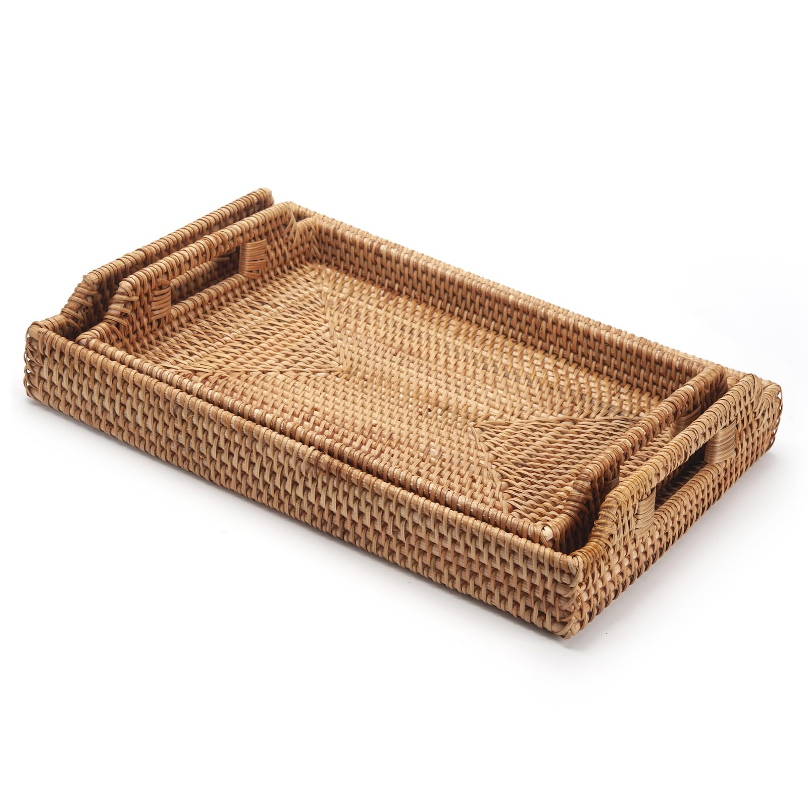 Bandeja de Ratán para Servir con Asas, Bandeja Rectangular de Mimbre Tejida Decorativa para Mesa de Café, Cocina, Sala de Estar (37 x 26 x 3.5 cm)