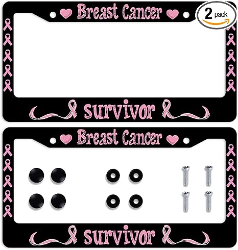 Breast Cancer Survivor License Plate Frame Pink Ribbon Car Front License Plate Personalise License Plate Frames Stainless Steel Metal Car Plates Tag Funny Decor Men Women 12.2