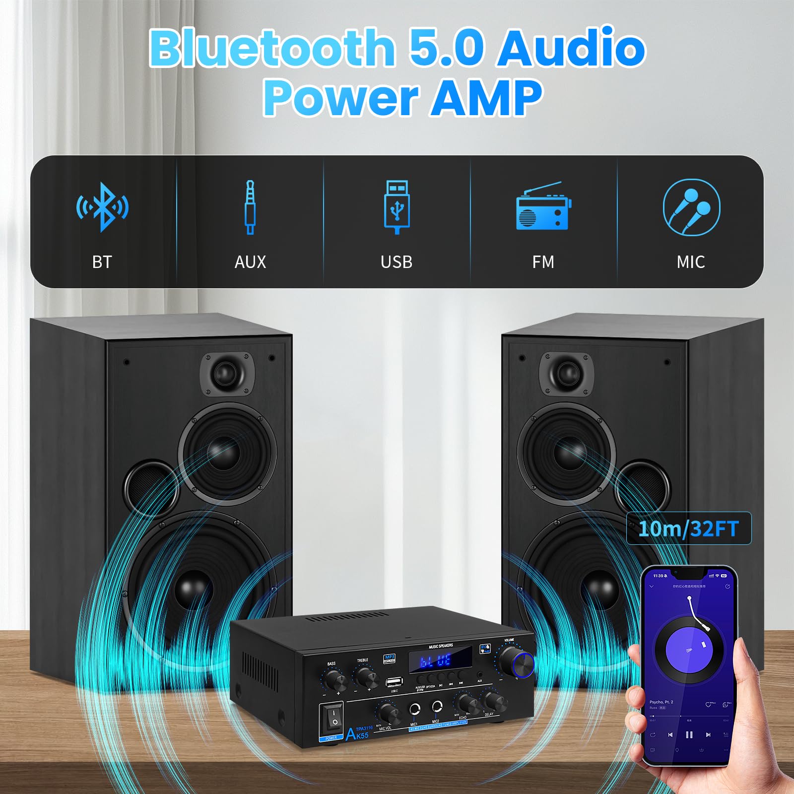 Amplificatore HiFi AK55 Bluetooth Stereo Audio Amplificatore Ricevitore 2 Canali 70WX2 Max. 600W Amplificatore audio digitale 12V/220V per casa o auto