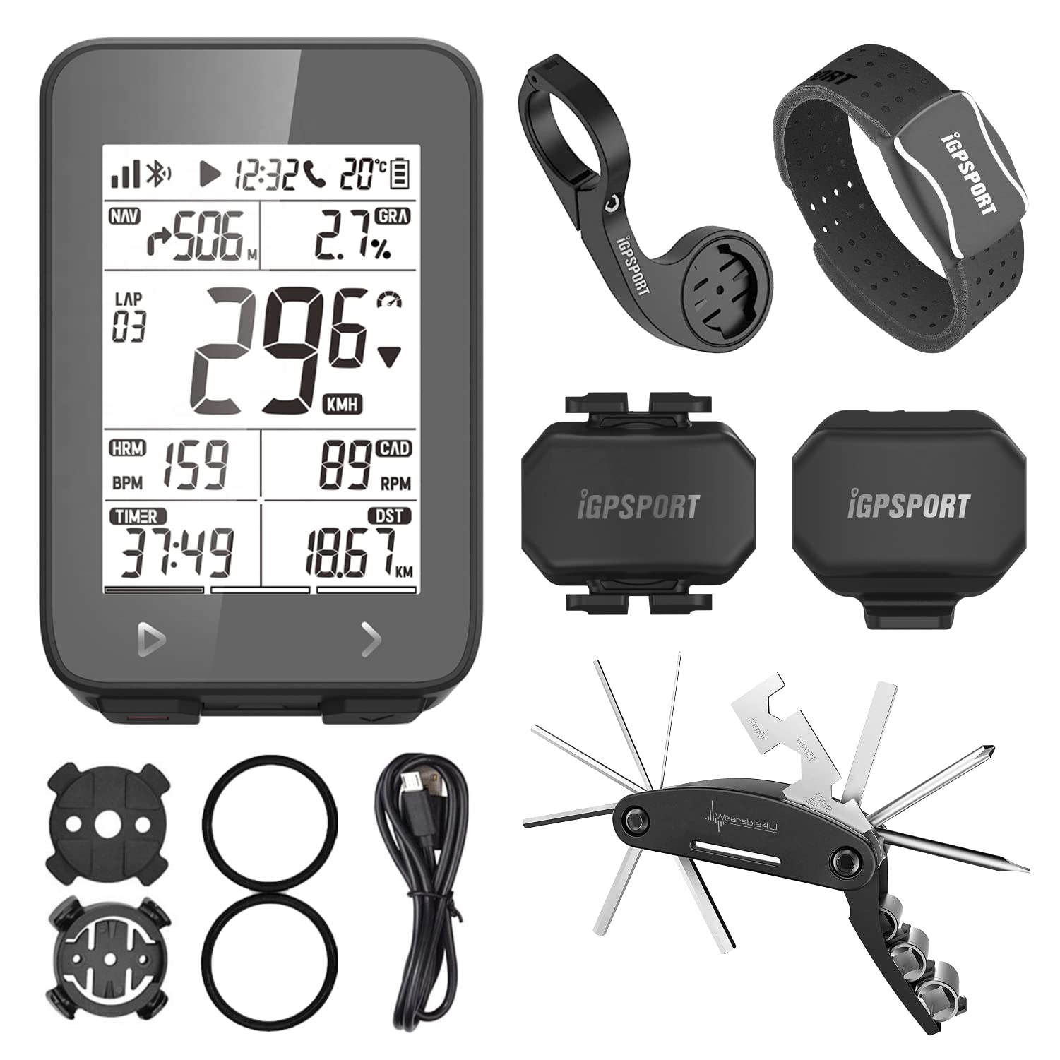 iGPSPORT iGS320 GPS Wireless Cycling Computer w/ HR60 Heart Rate, M80 Mount, SPD70 Speed and CAD70 C