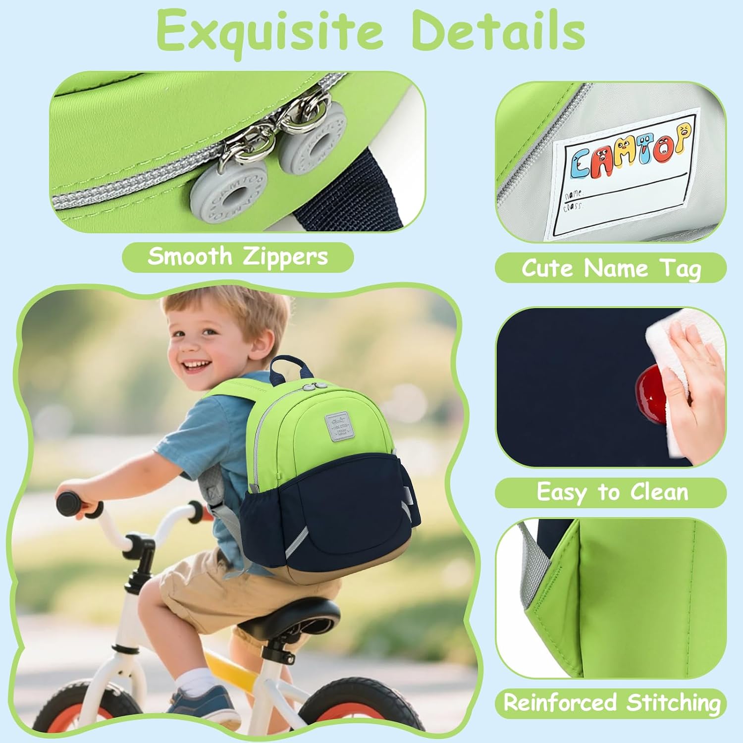 CAMTOP Toddler Backpack for Boys Girls 2-4, 12" H Kids Backpacks for Kindergarten Preschool, Small Bookbag for Daycare Travel (Green & Blue & Brown, 12''- Not fit A4 folder)