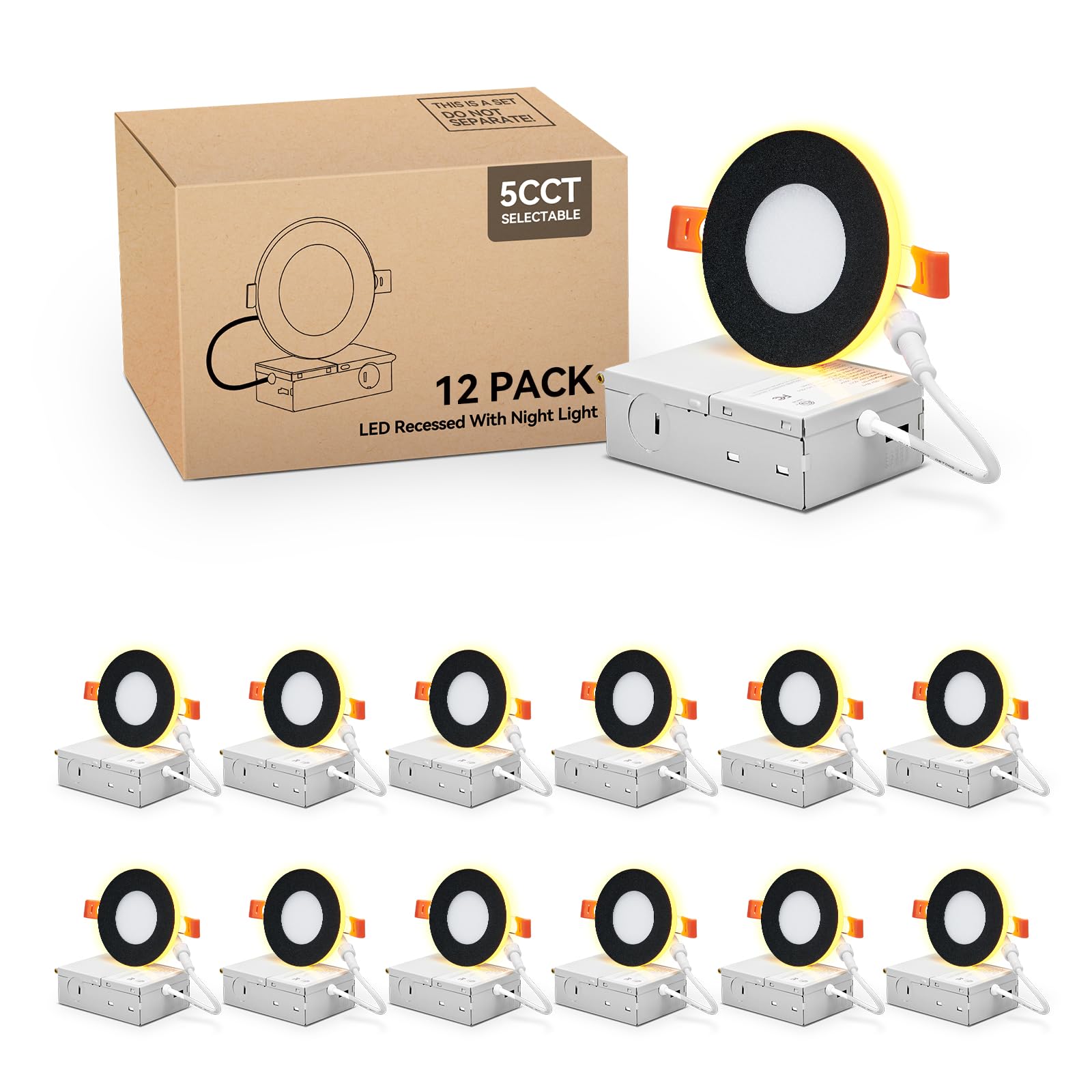 Comiled 12 Pack Black 3 Inch Recessed LED Lights with Night Light Canless Ultra Thin Wafer Recessed Lighting