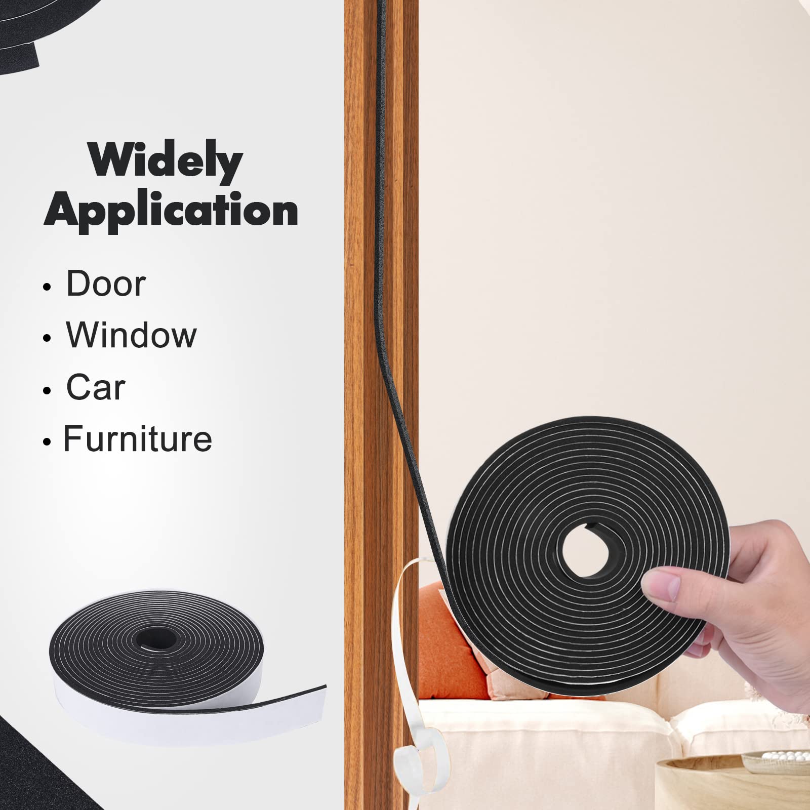 KAPOOSY Weather Stripping Foam Tape – 1/4” W X 1/8” T, 50 Feet Total (3 Rolls), Adhesive Seal