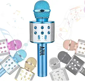 Microfone Infantil Karaoke Sem Fio Recarregável USB para Crianças Menina Menino Festas Eventos Portátil (AZUL)