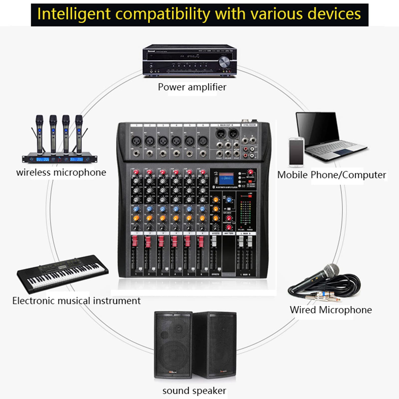 6-kanałowy mikser DJ profesjonalny mikser audio komputer nagrywanie sceniczne USB karta dźwiękowa o wysokim niskim tonie Bluetooth do studia imprezowego