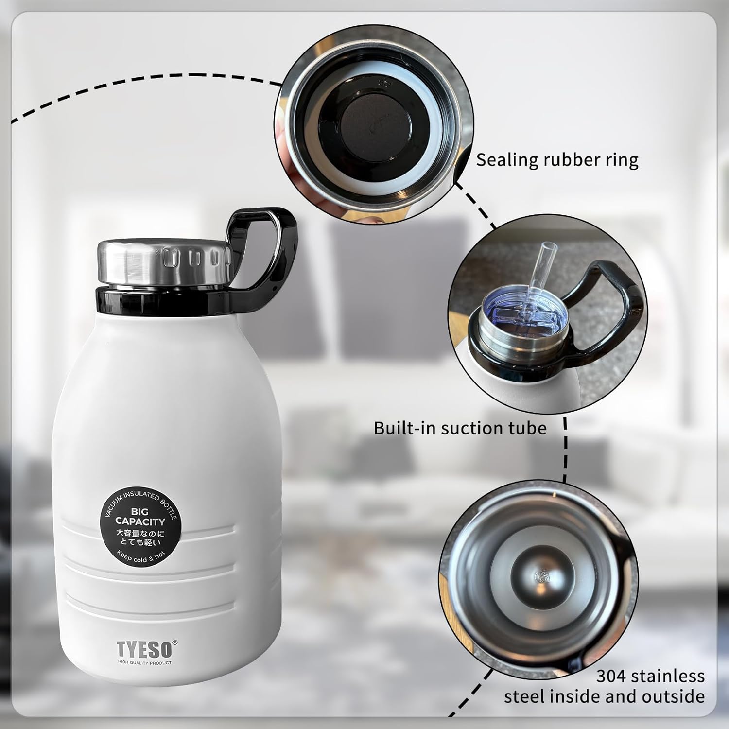 50 oz Insulated Metal Water Bottle with Handle & Straw for Easy Cleaning, Wide Mouth Stainless Steel Bottle, Leak Proof BPA Free Battle Bottle for Gym, Outdoor & Office Use (White)
