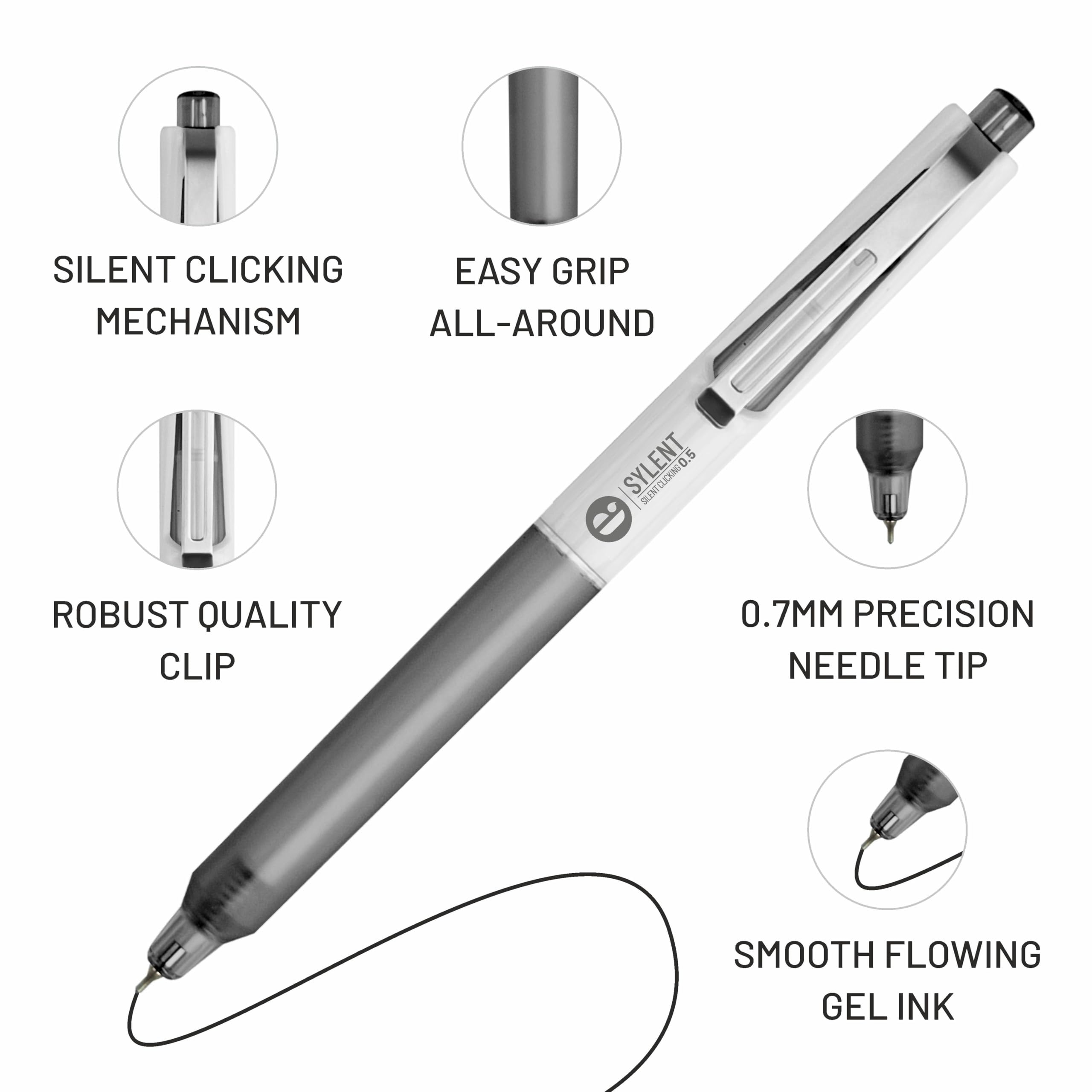 Anupam Sylent Roller - Bolígrafo de gel de 0,7 mm, impermeable, suave, de secado rápido, tinta oscura, agarre cómodo, bolígrafo de examen y oficina, tinta negra, recargable (negro, paquete de 4)