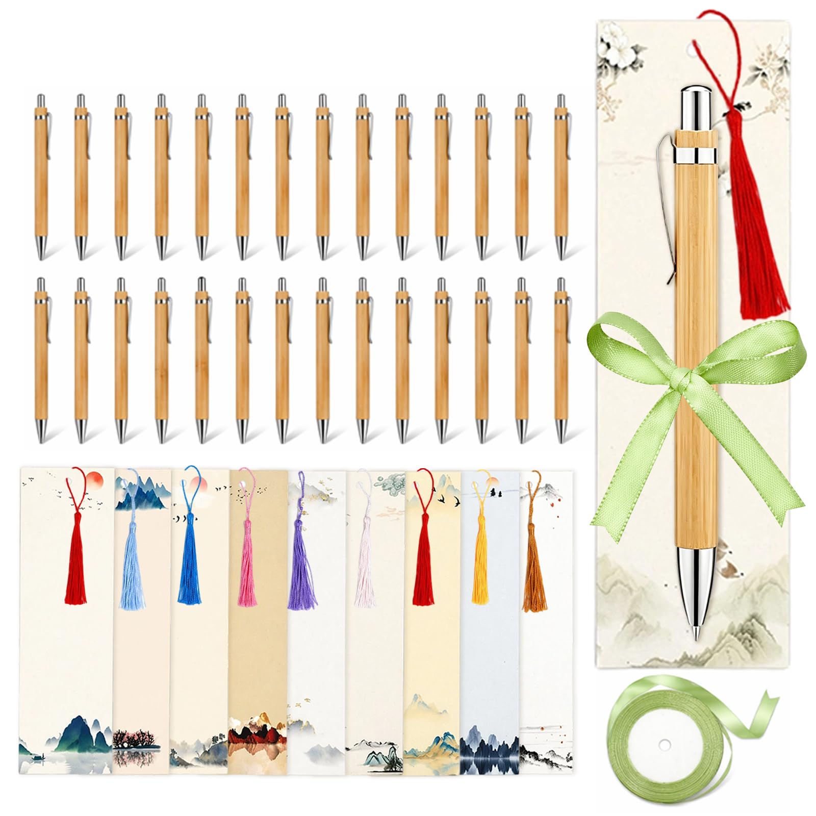 Nivofu 30 Personalised Bamboo Black Ink Pens 1.0mm with Chinese Style Bookmark and Green Ribbon Details Coworkers Gift Children's Teacher Personalised Pens for Gift