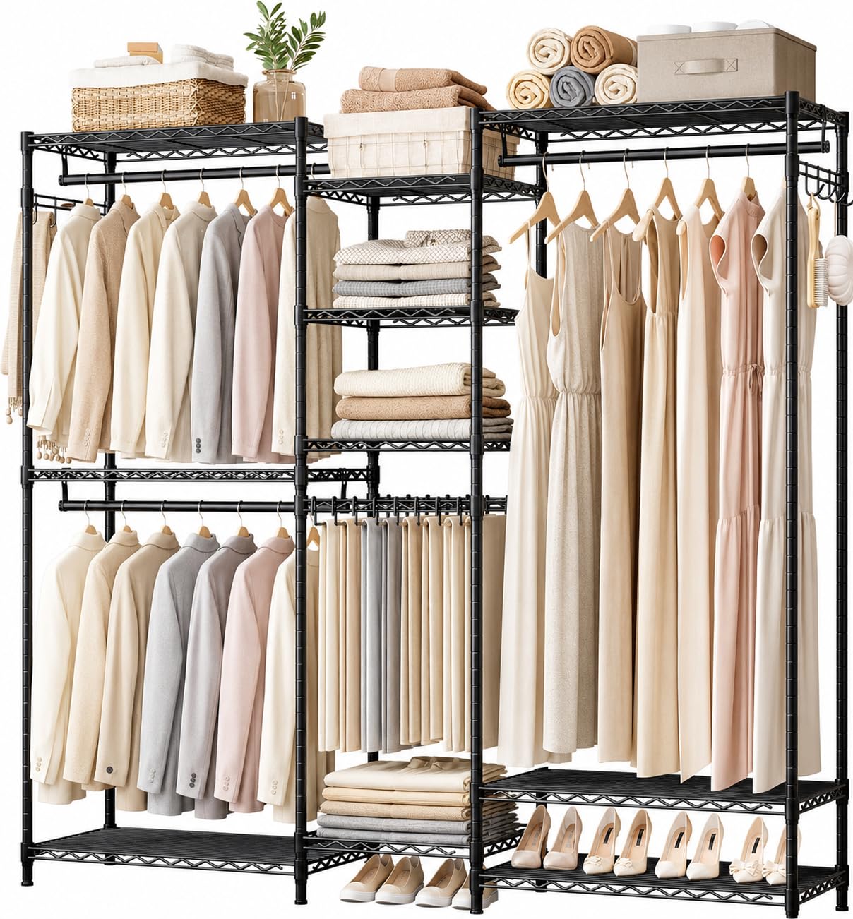 Burro de Ropa Ajustable con Estantes y Barras para Ropa | Capacidad de carga de 435 kg, Con Ganchos, Negro, 187 × 44 × 193 cm
