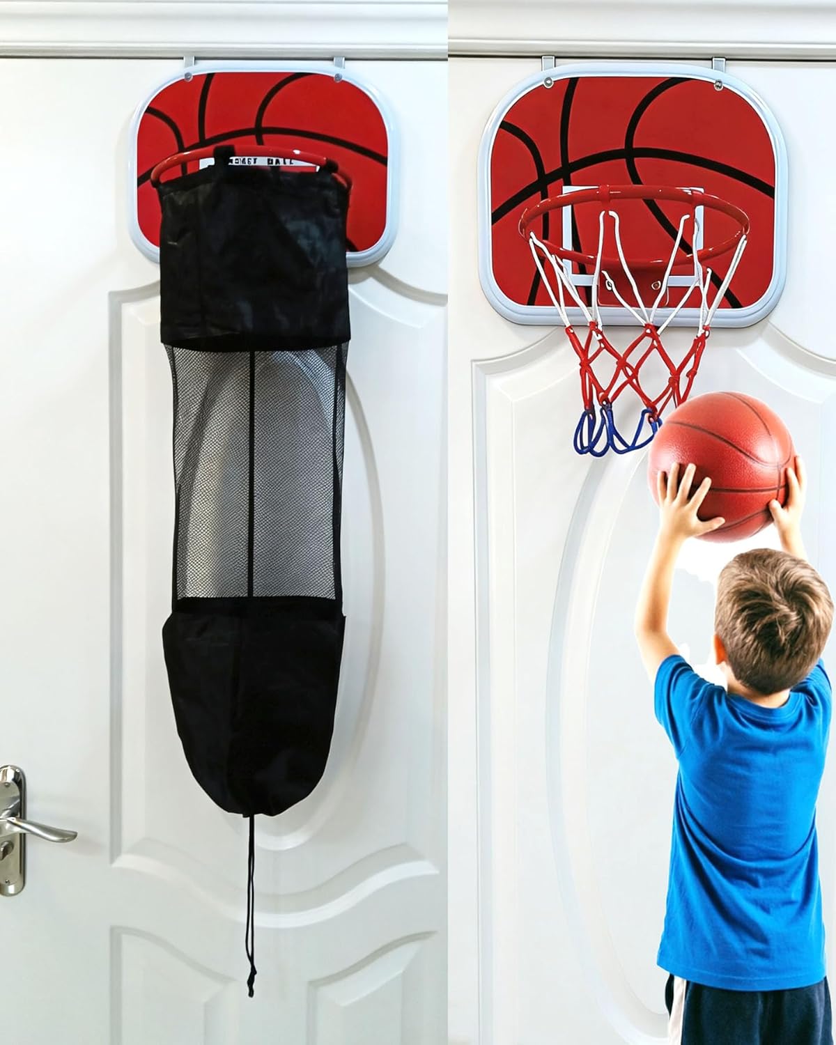 2-in-1 Boys Room Decor Basketball Hamper Door Basket Over The Door Laundry Hamper Basketball Hoop with Ball Laundry Hamper for Kids Room, Dorm, Bedroom, Bathroom Gifts for Boys