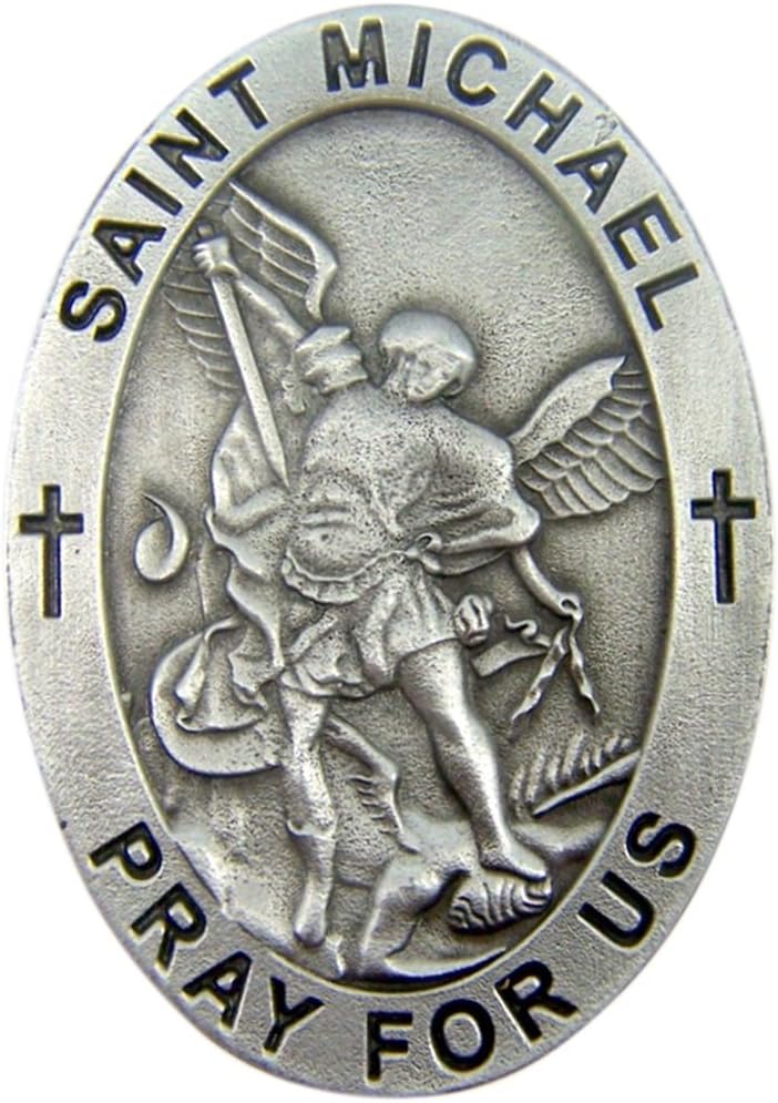 Religious Car Accessories Pewter Patron Saint Michael Pray for Us Oval Auto Visor Clip, 2 Inch