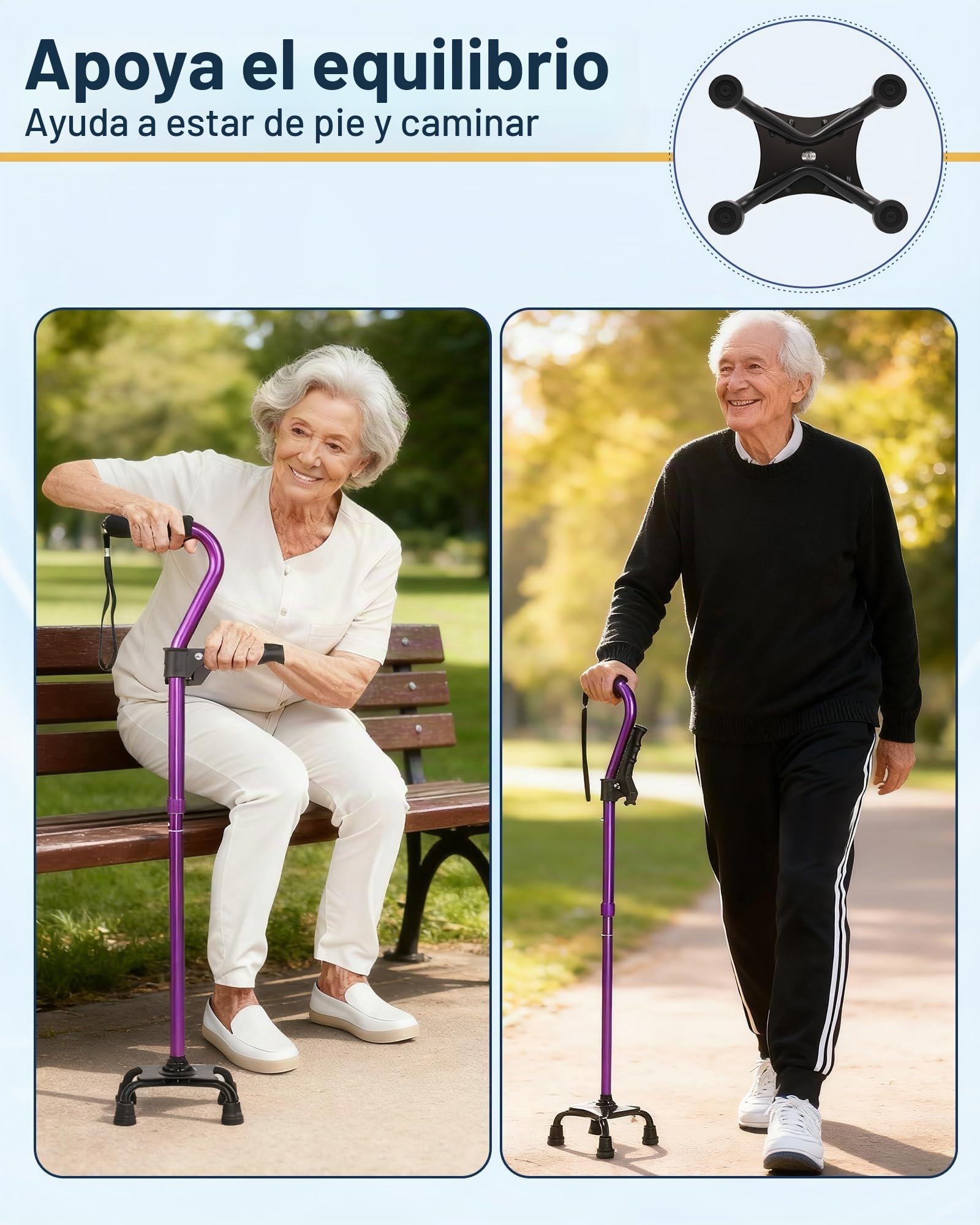usammenklappbare Heavy Duty mit weichen-Purple KUAZIDAR Bastón para Ancianos con Base de 4 Puntas para Máxima Estabilidad, Bastón de Caminar de Aluminio Ajustable en Altura
