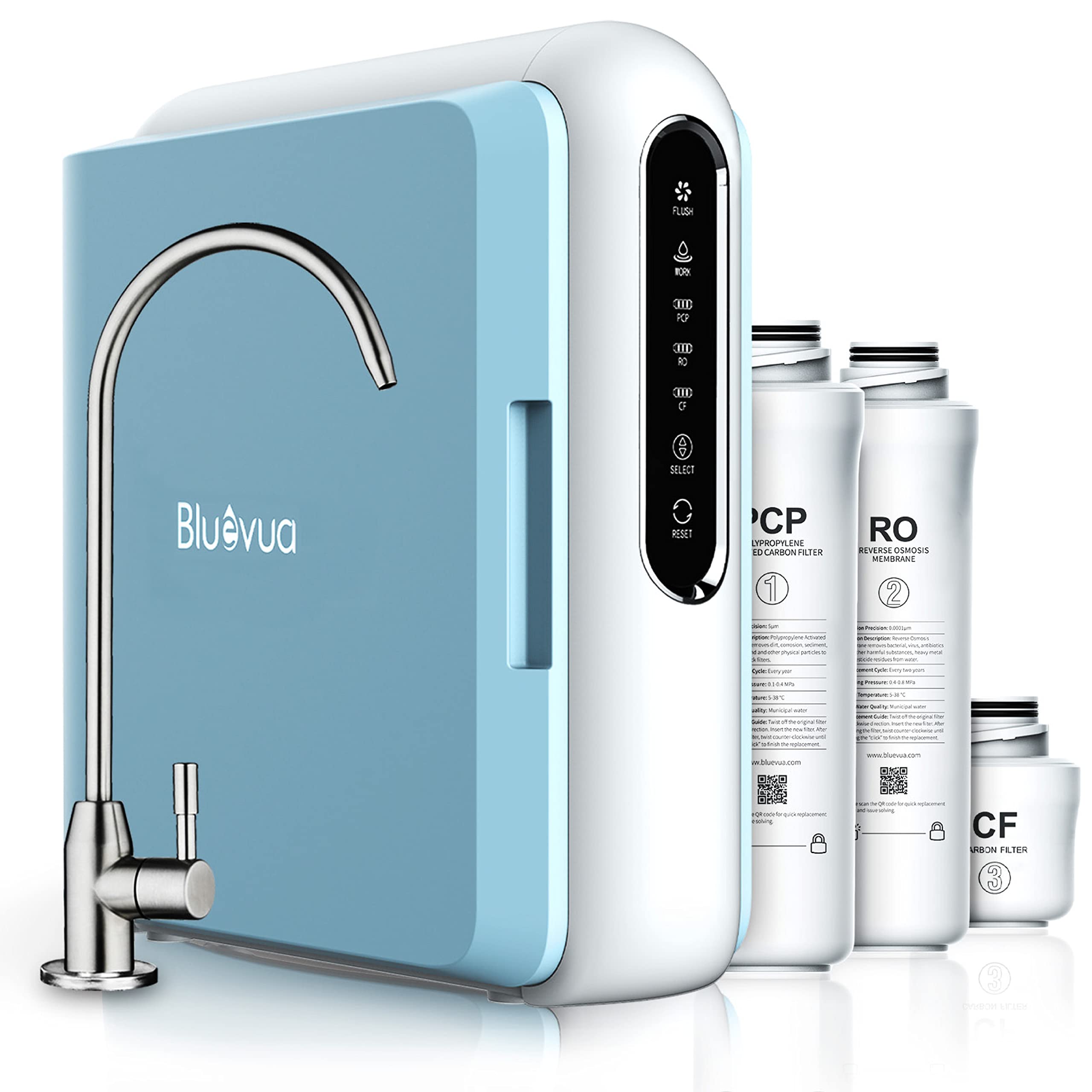 Bluevua Reverse Osmosis System, Tankless RO Water Filter System, 5 Stage Reverse Osmosis System, Reverse Osmosis System Under Sink, Under-Sink Filtration, RO Filter System, 500 GPD, 2:1 Pure to Drain