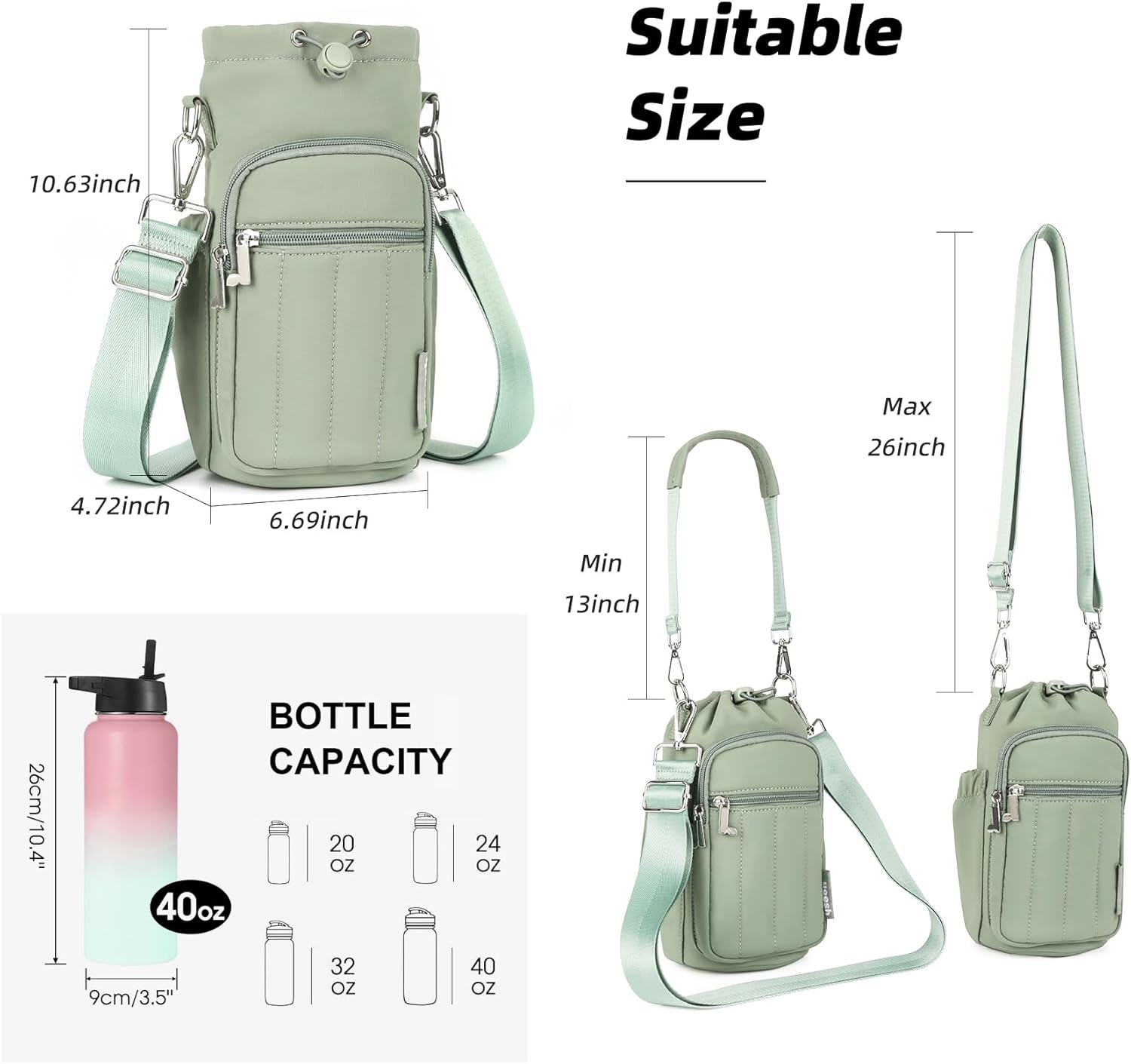 Rueesh Water Bottle Holder Bag with Adjustable Strap, Insulated Bottle Carrier Bag RFID Crossbody Sling Bag for Gym Walking