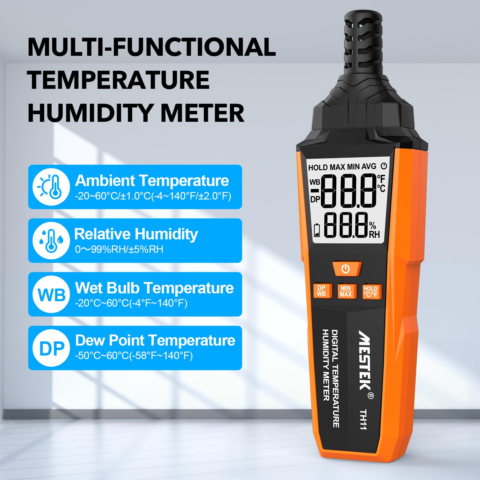Termometro Igrometro MESTEK, Digitale Termo-Igrometro Interno Esterno, Misuratore di Umidità e Temperatura, Punto di Rugiada e Bulbo Umido Temp, Portable per Casa Ufficio Industria Agricoltura