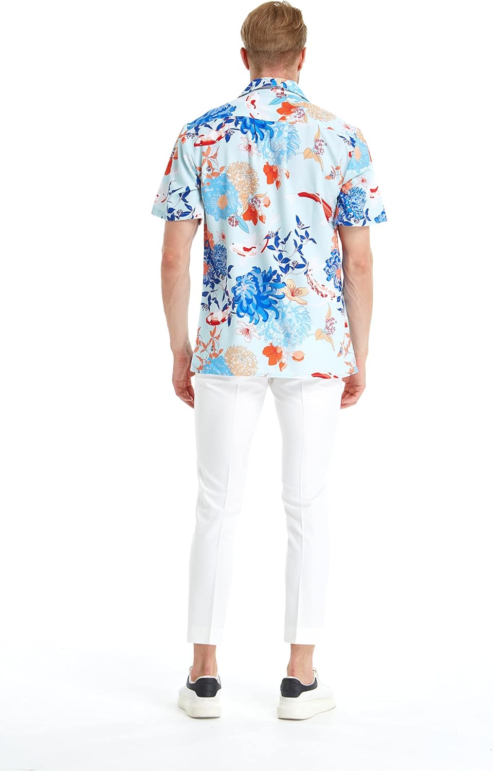 Matchable Hawaiian Luau Father Daughter Men Shirt Girl Jumpsuit Romper in Flowering Koi Blue