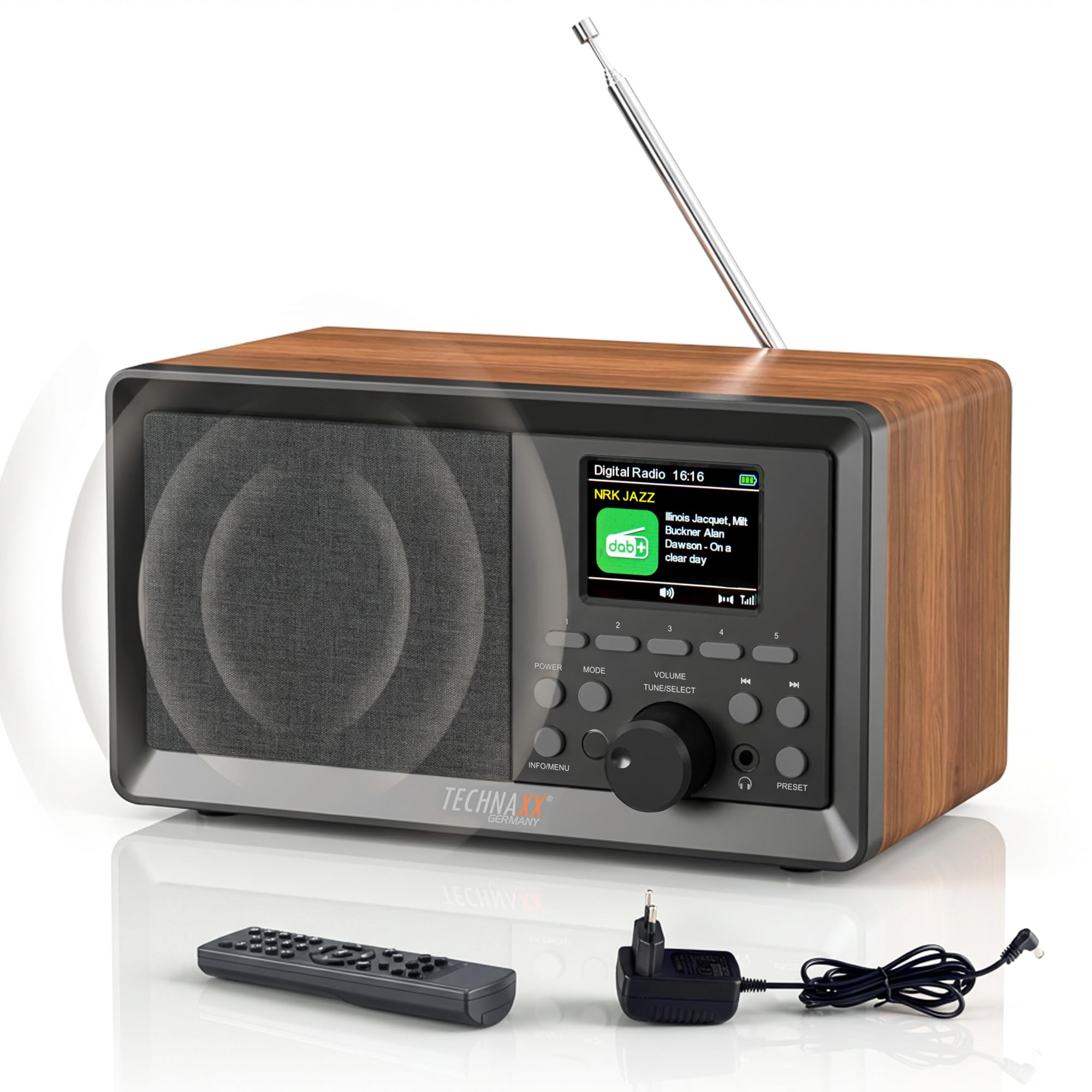 Technaxx DAB+ Radio Retro with Bluetooth & FM – Digital Radio with 5W Speaker, 2.4” TFT Colour Display, USB & AUX Input, Alarm Clock, Remote Control, Wooden Design - TX-364