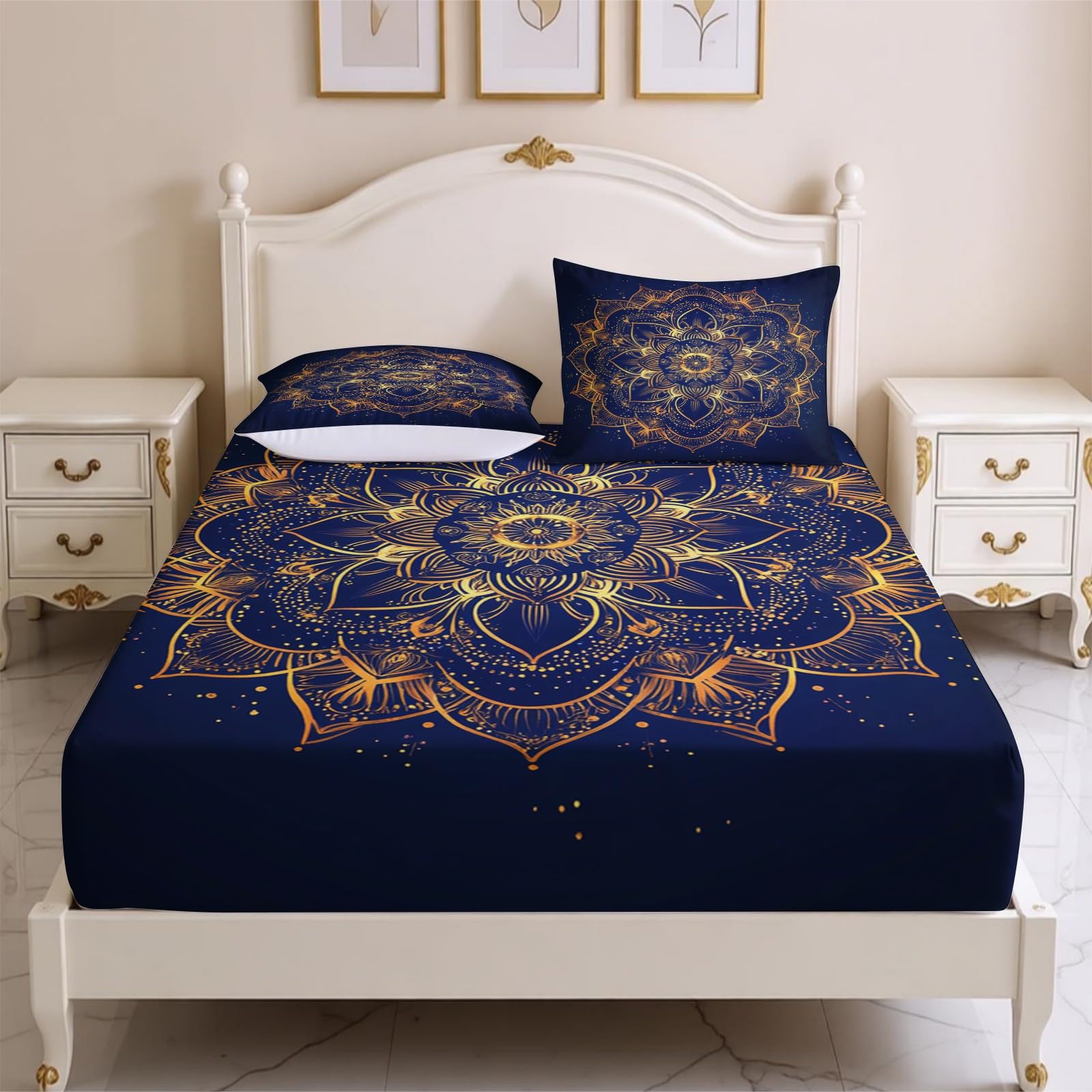 Lenzuolo con Angoli 180 x 200 cm Microfibra Mandala astratto Lenzuolo Sotto Elasticizzato Profondo 25 cm giallo per Letto Singolo e Matrimoniale